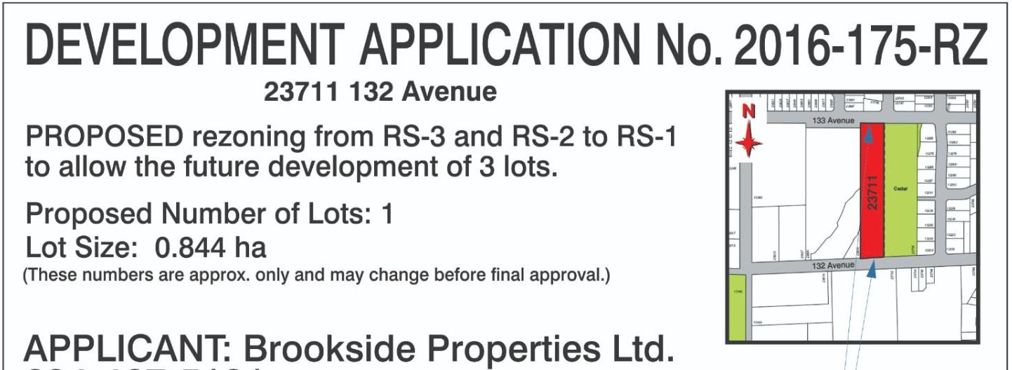 2016 sign proof for Development Application No. 2016-175-RZ at 23711 132 Avenue, Maple Ridge, naming Brookside Properties Ltd. as applicant and proposing rezoning from RS-3 and RS-2 to RS-1 to allow future development of 3 lots