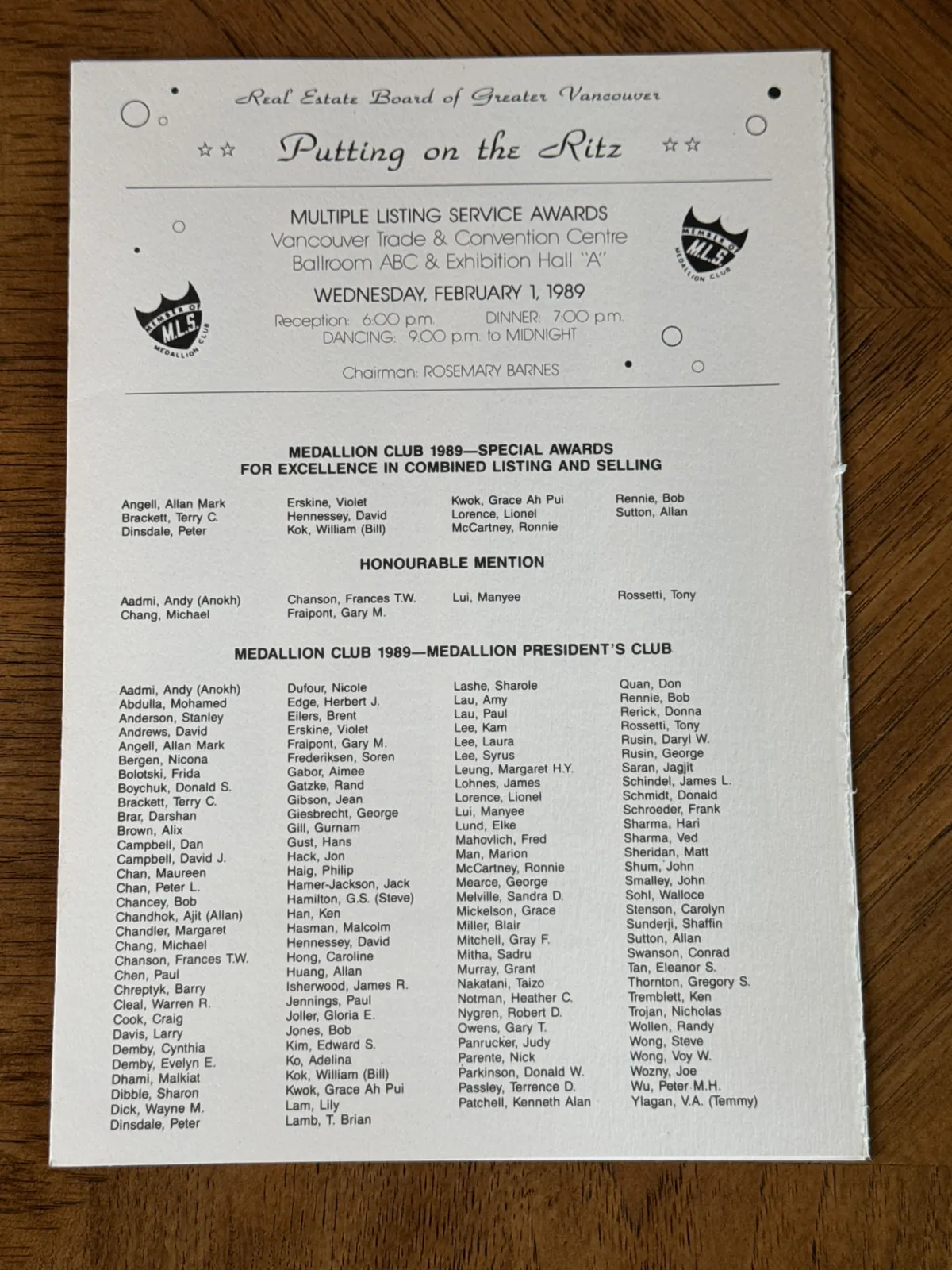 Original Real Estate Board of Greater Vancouver Multiple Listing Service Awards program dated Wednesday, February 1, 1989, listing Isherwood, James R. under Medallion Club 1989 — Medallion President’s Club
