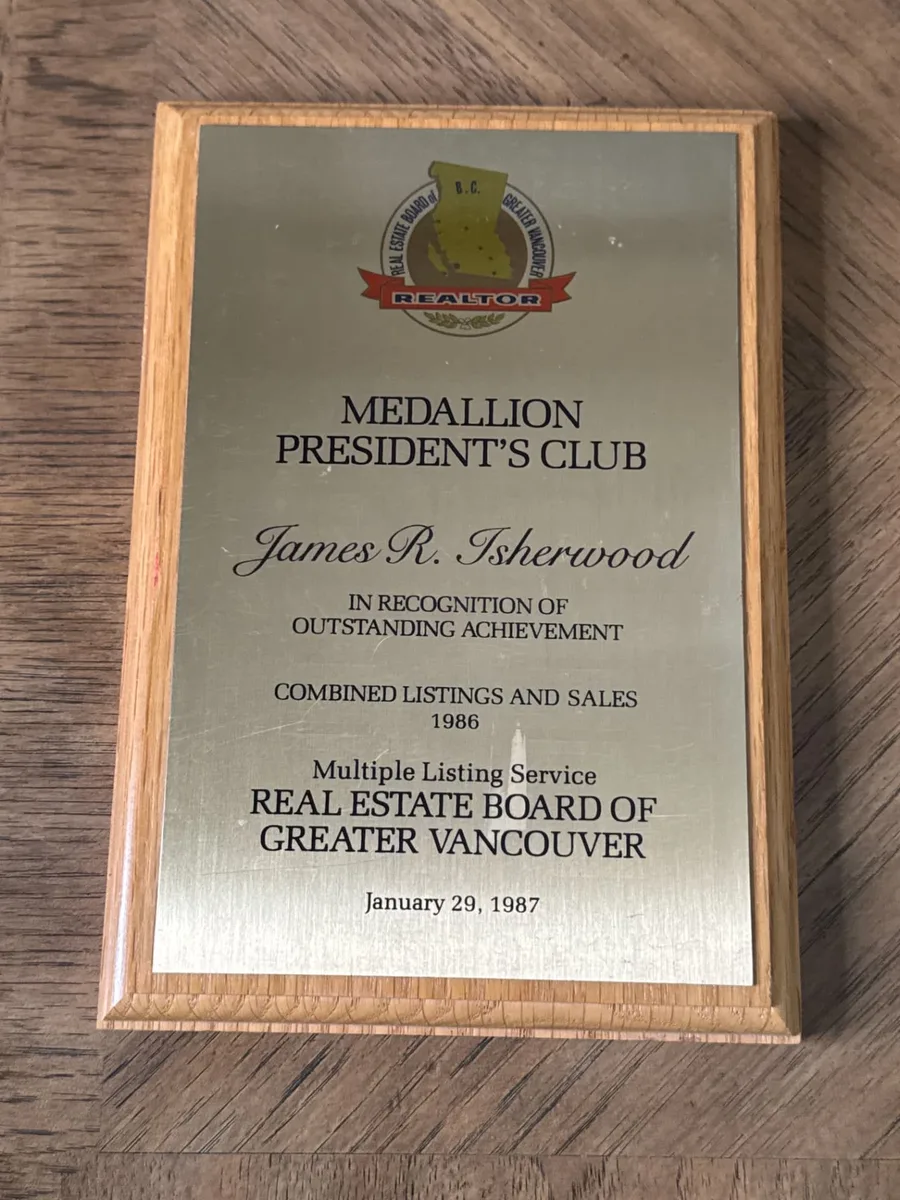 Jim Isherwood President’s Club plaque from the Real Estate Board of Greater Vancouver recognizing 1986 combined listings and sales, presented January 29, 1987