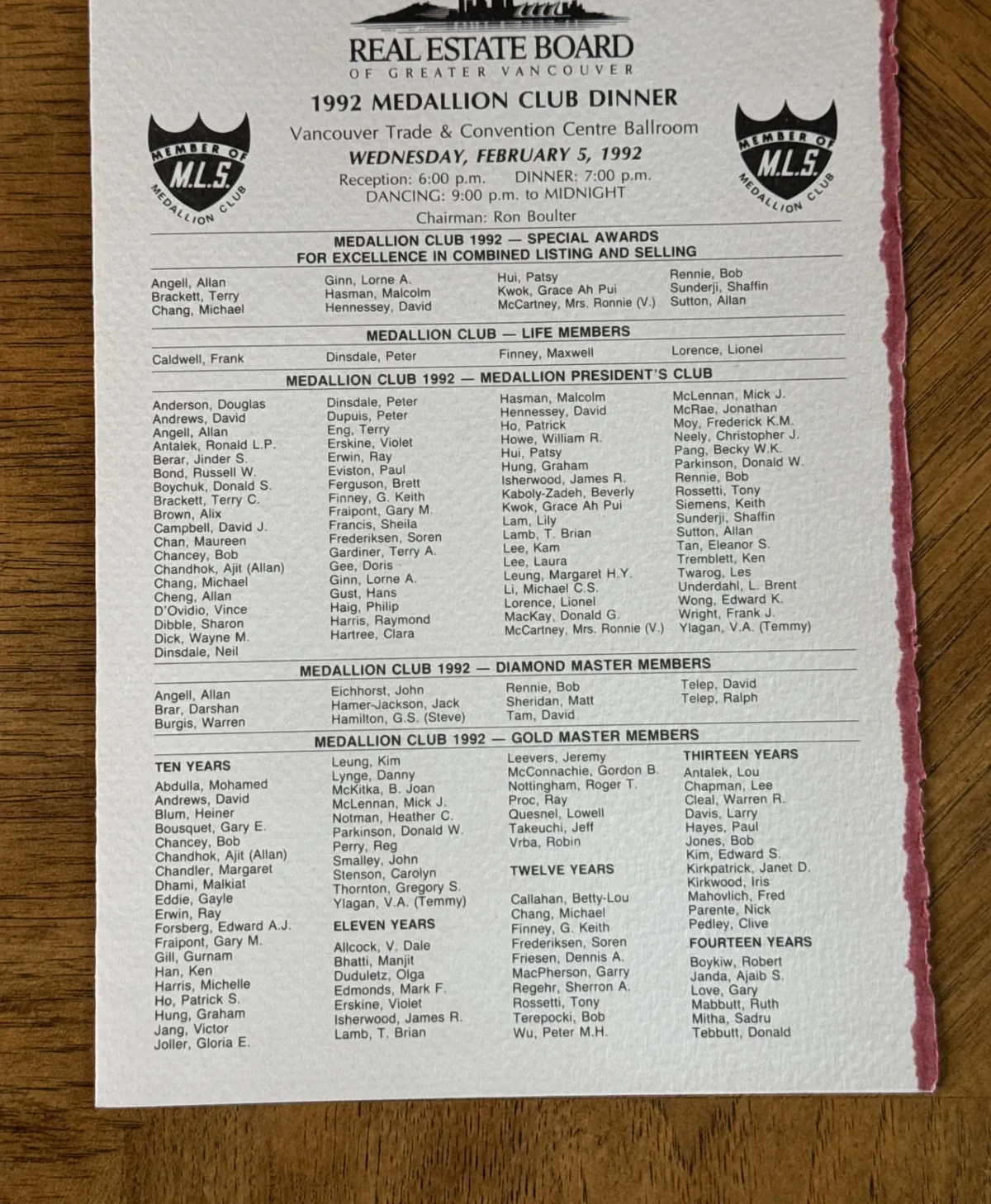 Original Real Estate Board of Greater Vancouver 1992 Medallion Club Dinner program dated Wednesday, February 5, 1992, listing Isherwood, James R. under Medallion Club 1992 — Medallion President’s Club