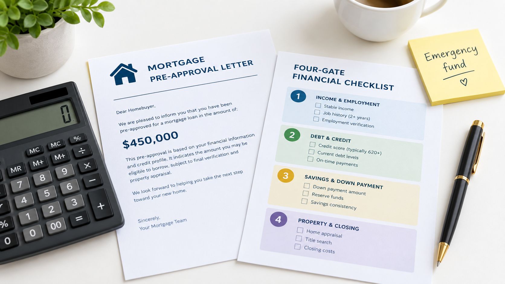 A document displaying a mortgage pre-approval letter and a financial checklist next to a calculator and pen.