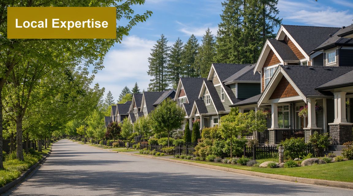 A picturesque street featuring beautiful suburban houses surrounded by lush green trees and a clear blue sky.