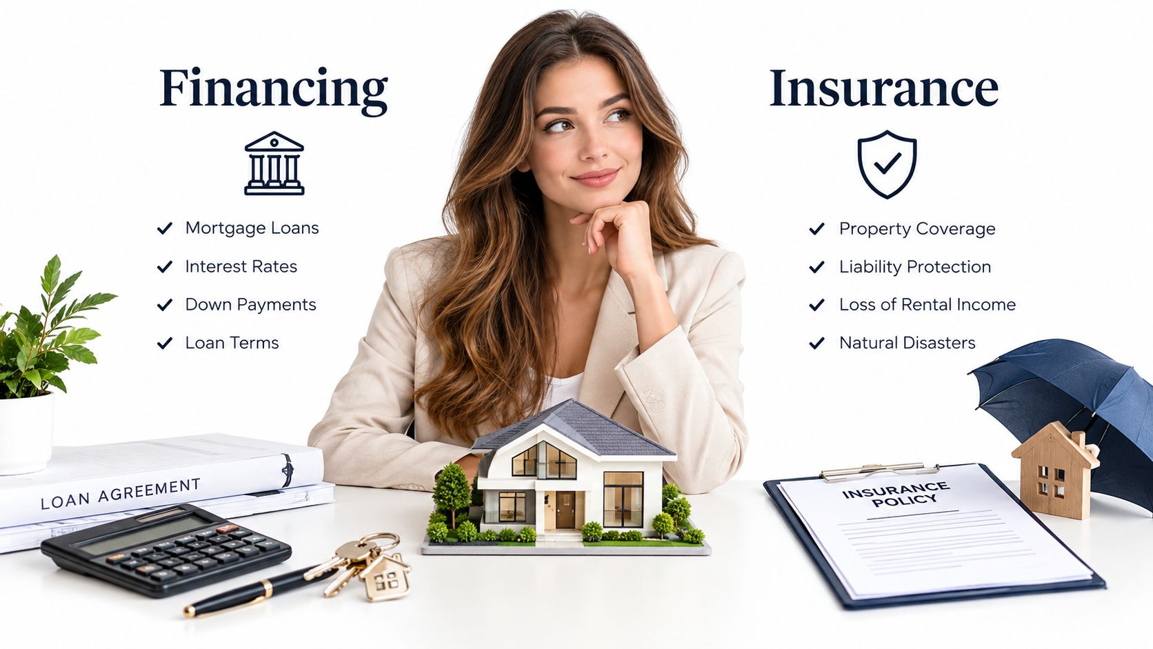 A professional woman considers options for real estate, showing a side-by-side comparison of property financing and insurance.