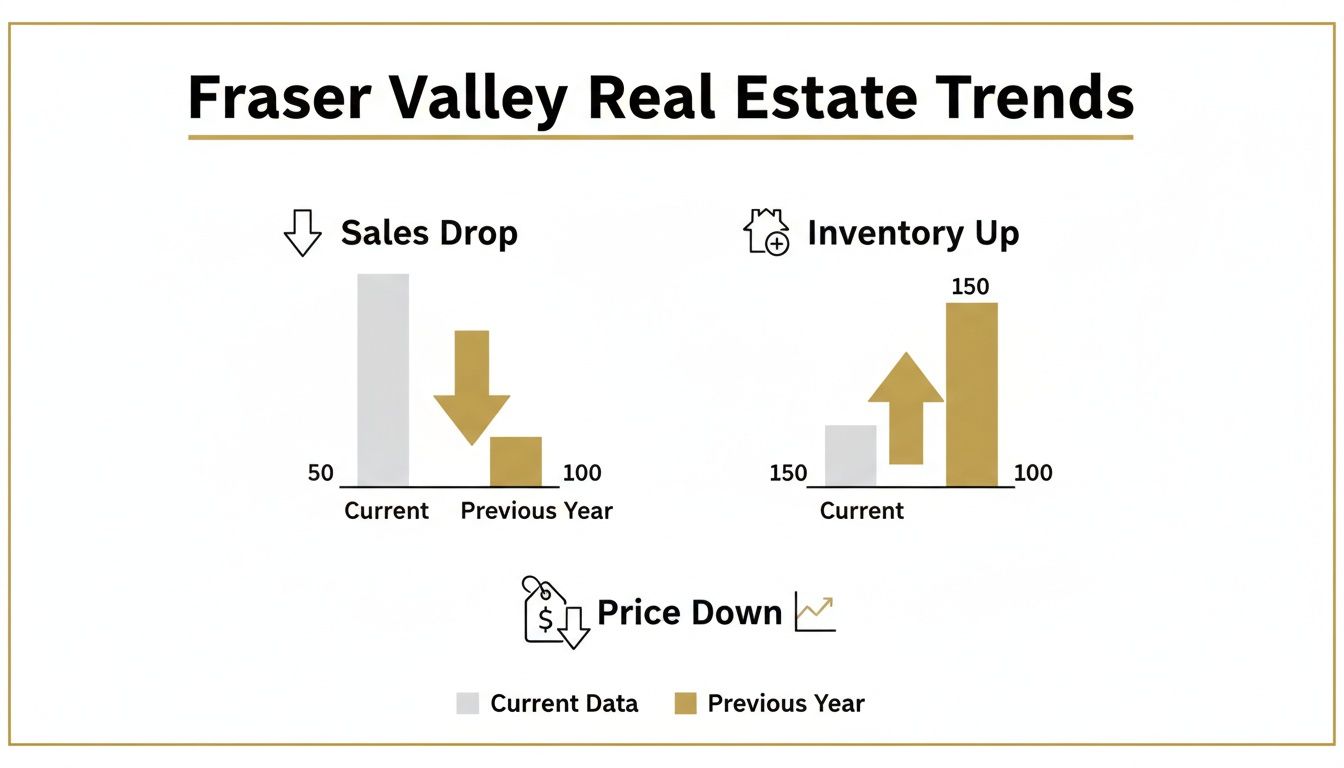 Chart showing Fraser Valley real estate market trends: sales drop, inventory up, and prices down.
