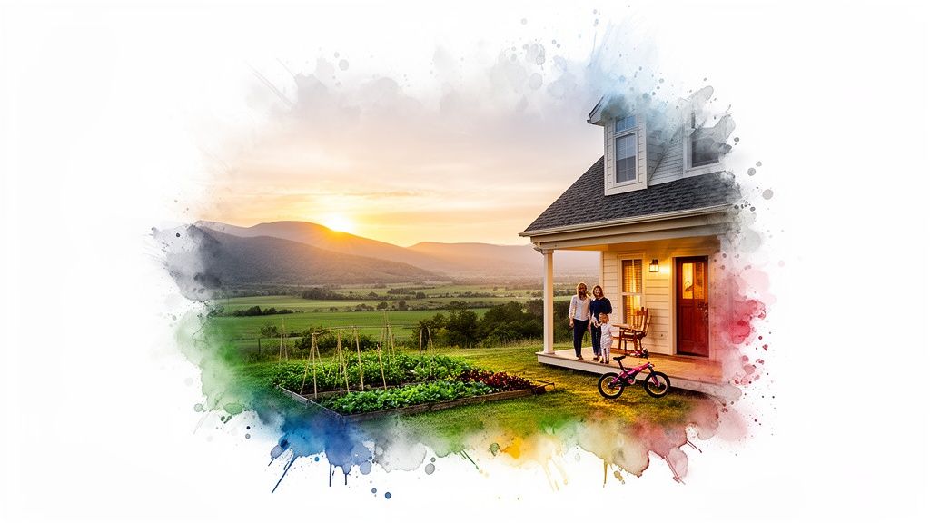 A family stands on the porch of a house with a garden, mountains, and sunset.