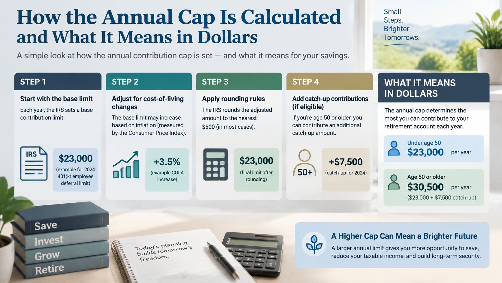 An infographic explaining how the IRS annual retirement account contribution cap is calculated and its financial impact.
