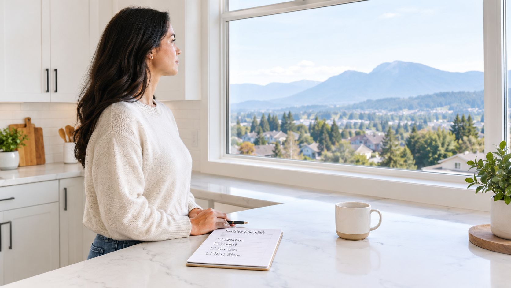 A woman stands in a bright kitchen overlooking mountains while reviewing a home decision checklist.