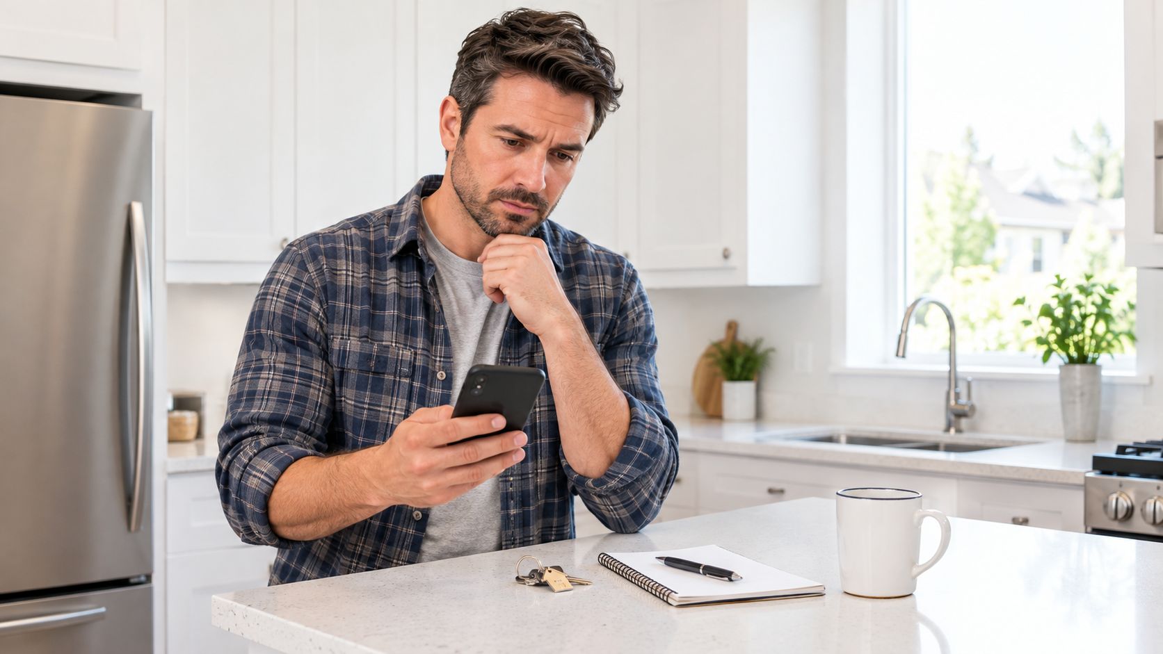 A concerned man in a kitchen looking at his smartphone while contemplating property management options.