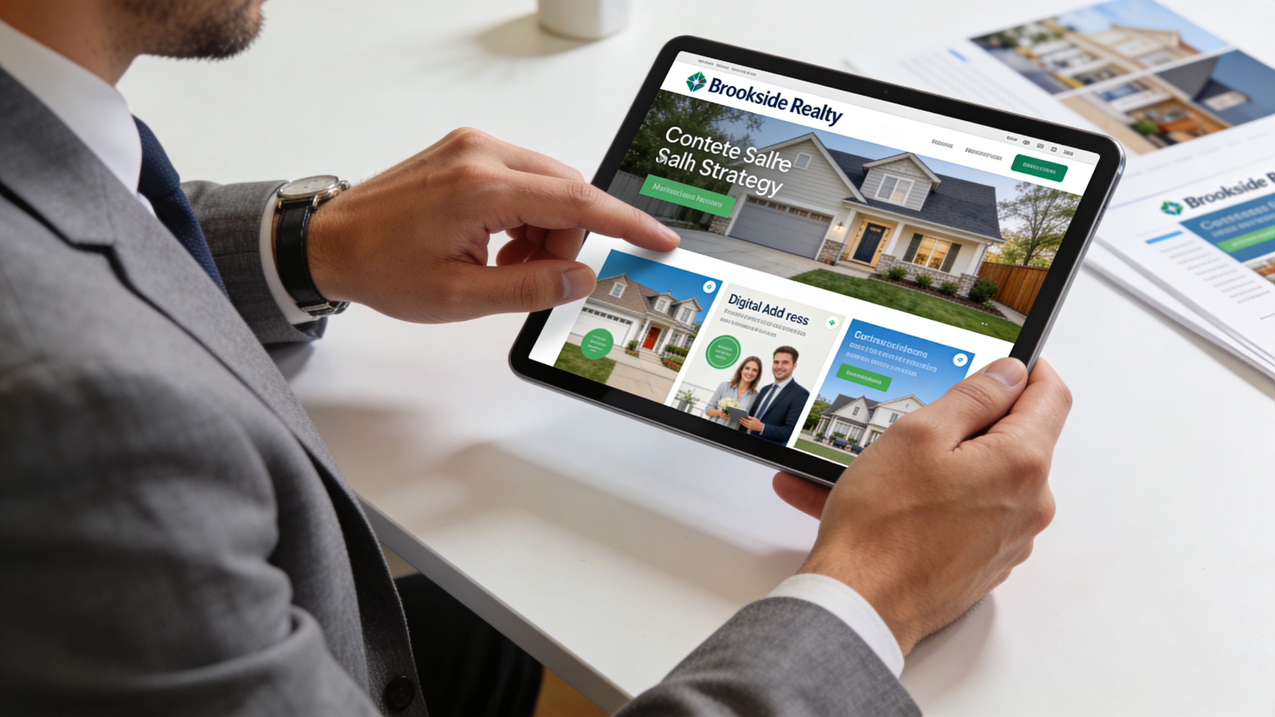 A professional in a suit using a tablet to view the Brookside Realty website for real estate services.