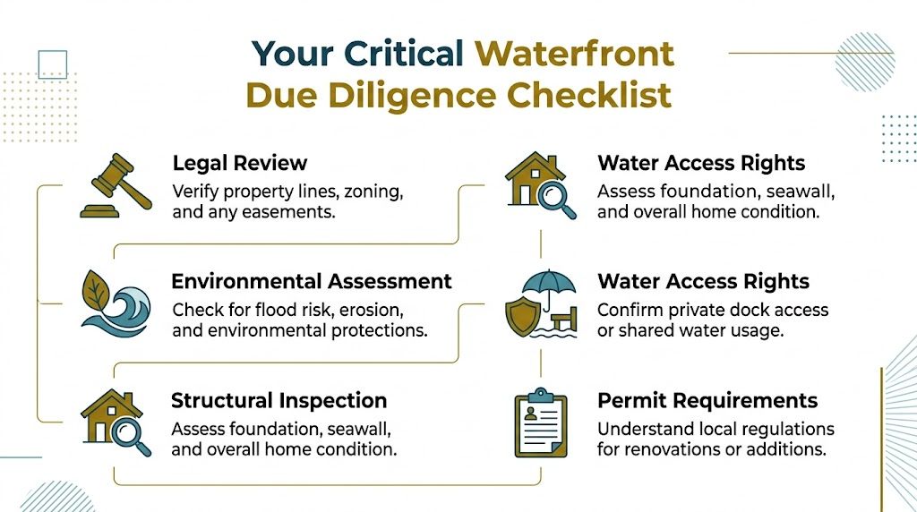 An infographic checklist for due diligence when purchasing critical waterfront property, outlining legal, environmental, and structural considerations.