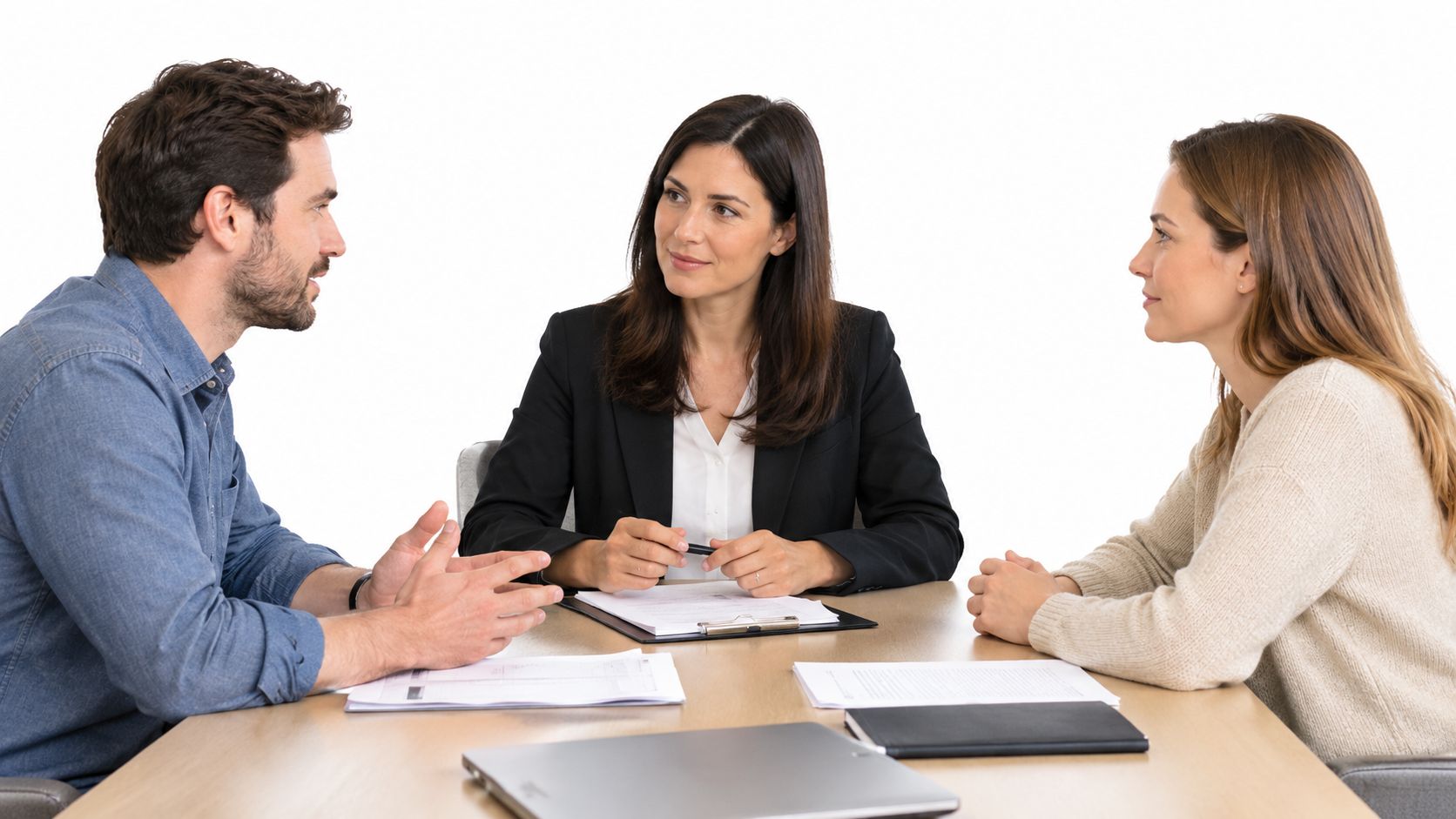 A professional woman in a suit mediates a discussion between a man and a woman in an office.
