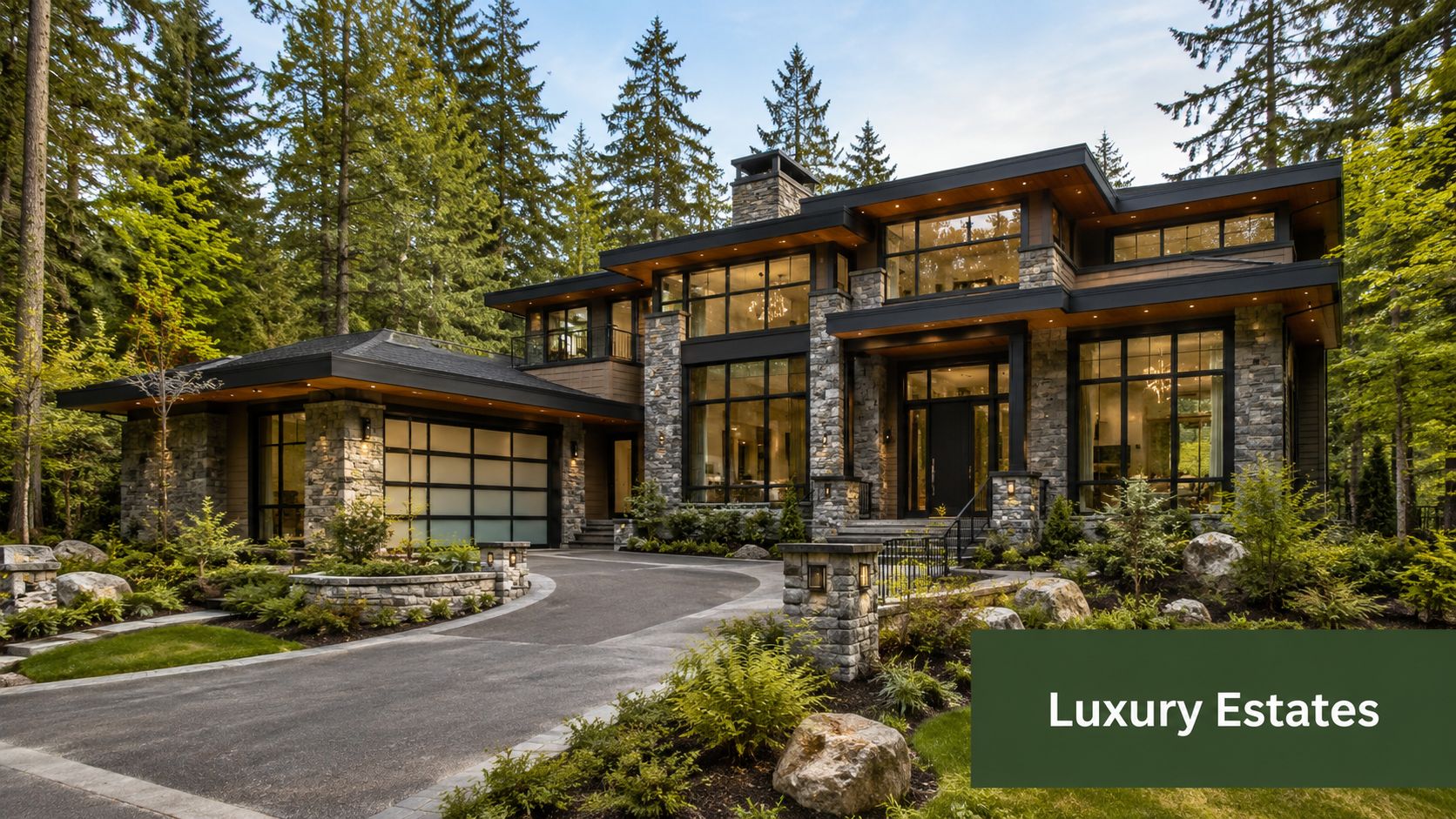 A luxurious modern custom home with stone siding and large glass windows surrounded by a pine forest.