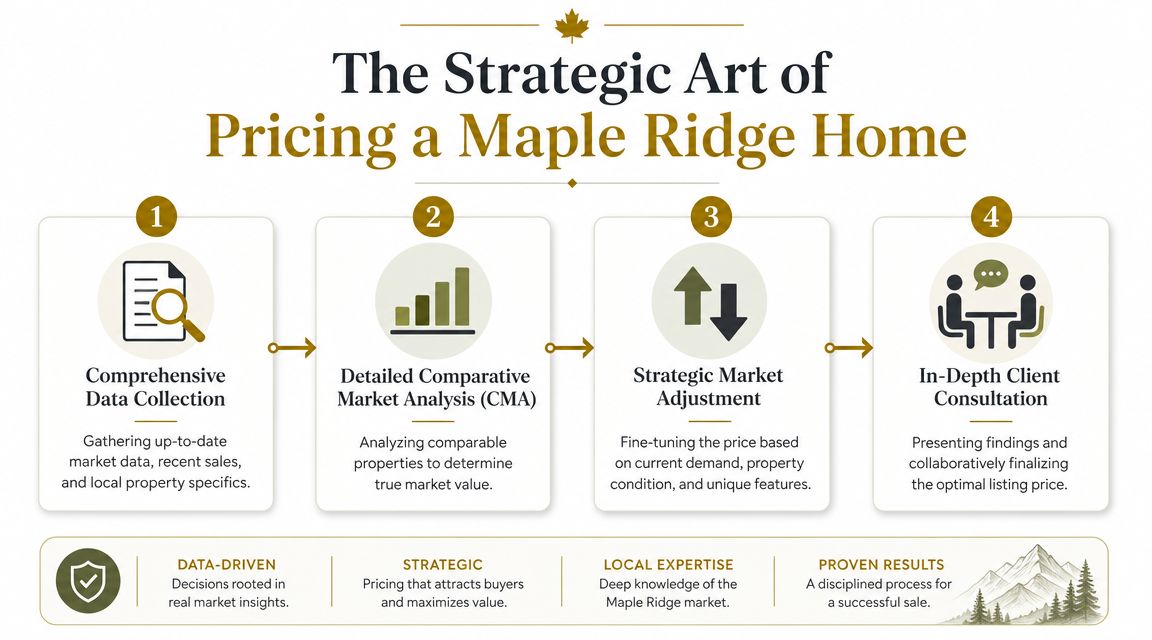 A four-step infographic illustrating the professional real estate process for pricing a home in Maple Ridge.