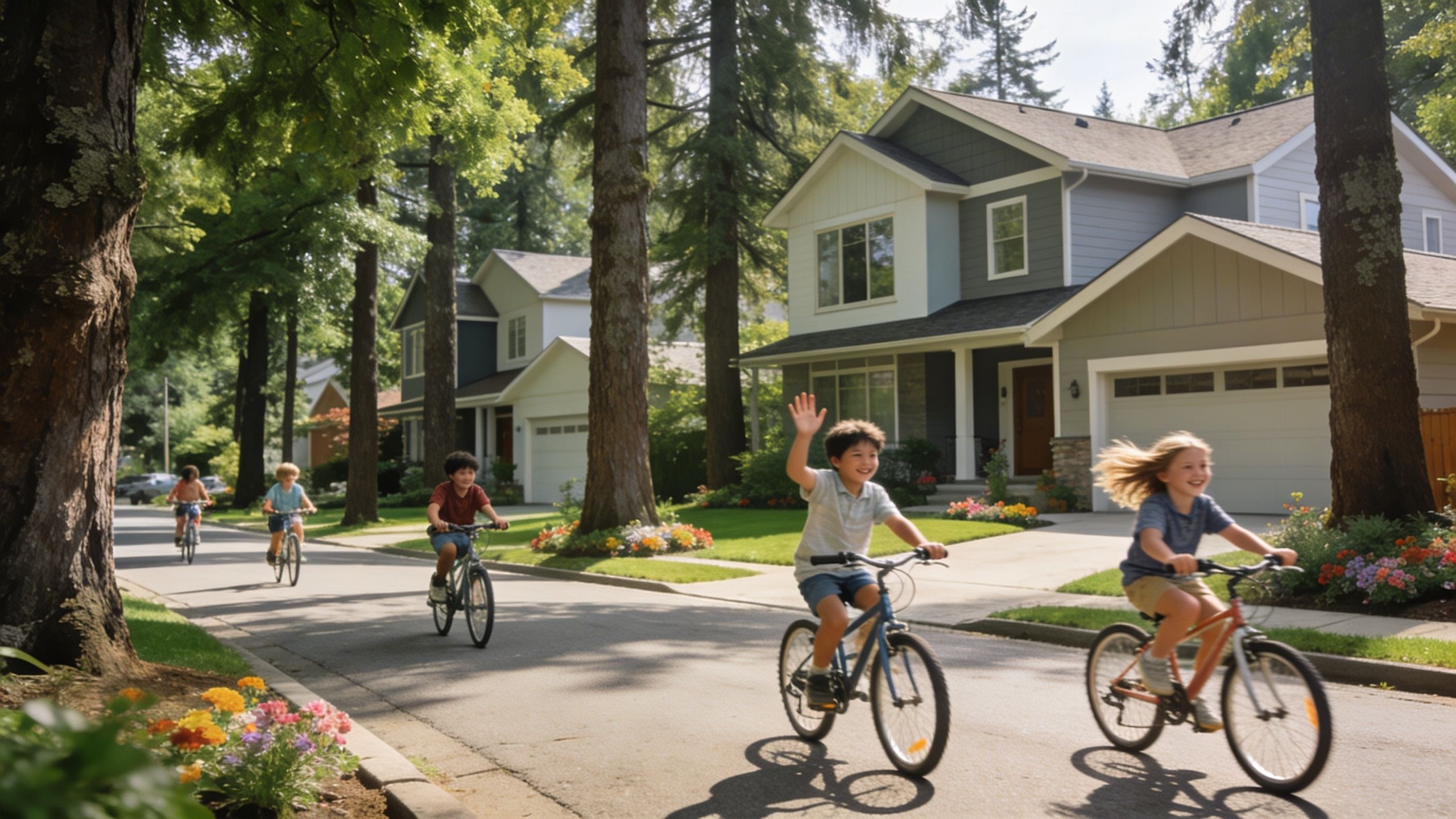 A group of happy children riding bicycles down a quiet residential street in a suburban neighborhood.