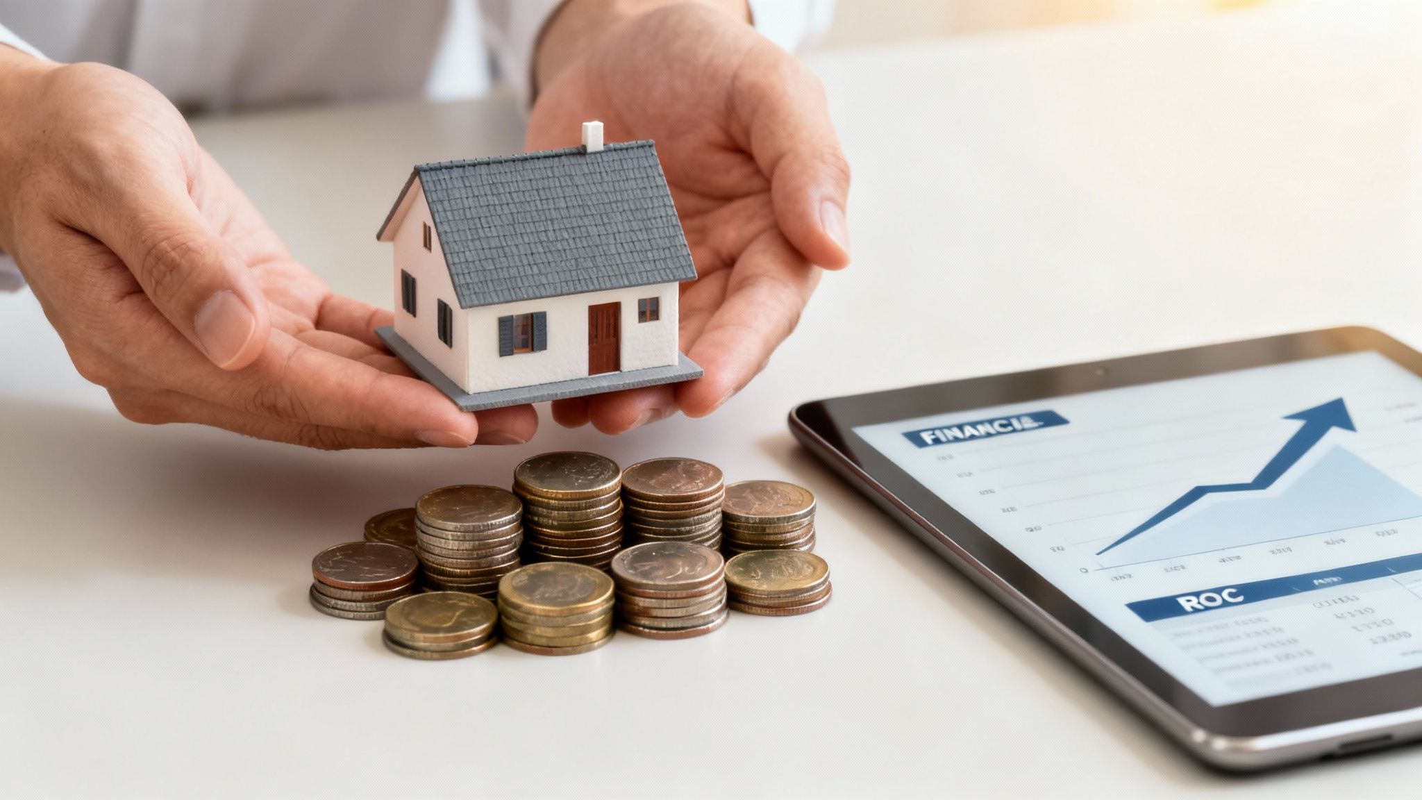 Hands hold a model house with stacks of coins and a tablet showing a financial growth chart.