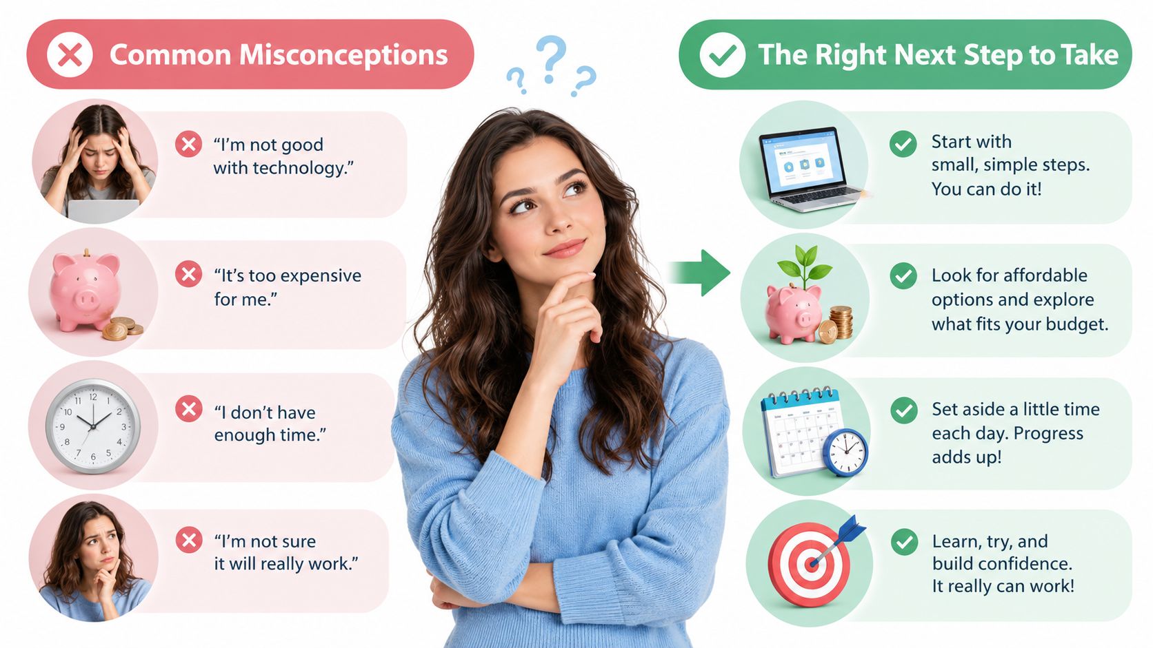 A woman thinking while comparing common misconceptions about personal growth against practical next steps for success.