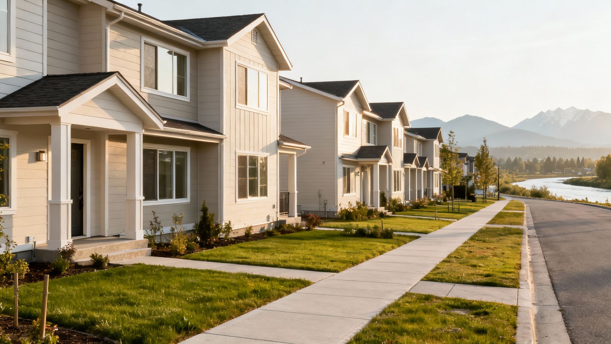 Scenic view of new townhomes along a river with majestic mountains in the background.