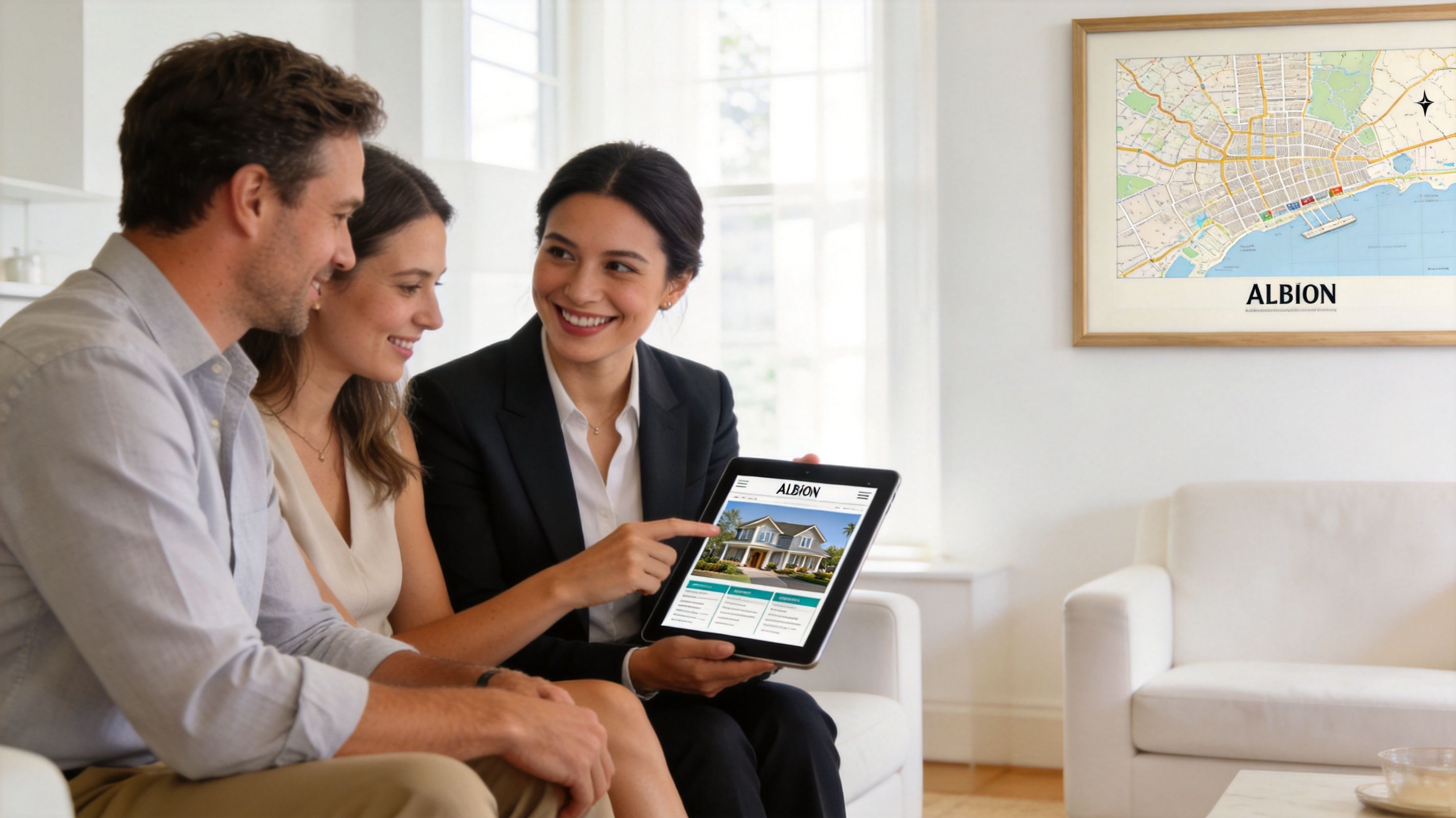 A professional real estate agent discusses property listings on a tablet with a smiling young couple.