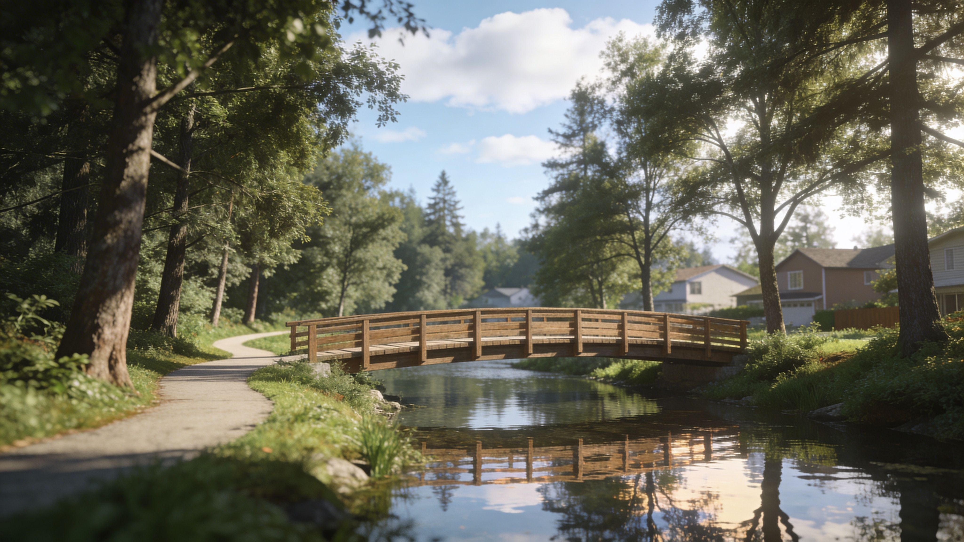 A serene wooden bridge spans a peaceful stream on a walking trail in a residential neighborhood.