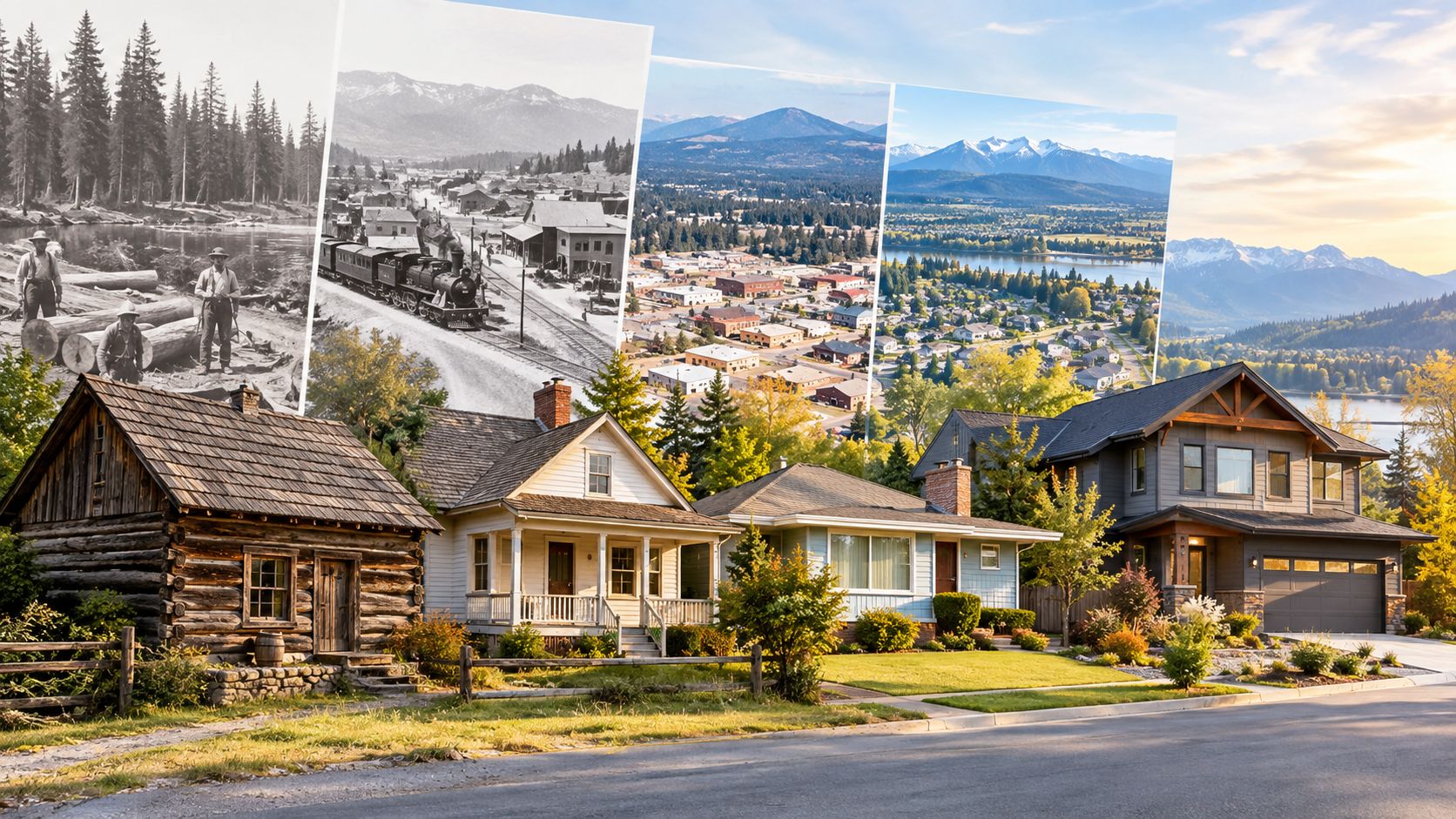 A composite image showing the historical evolution of a town from frontier logging to modern residential homes.