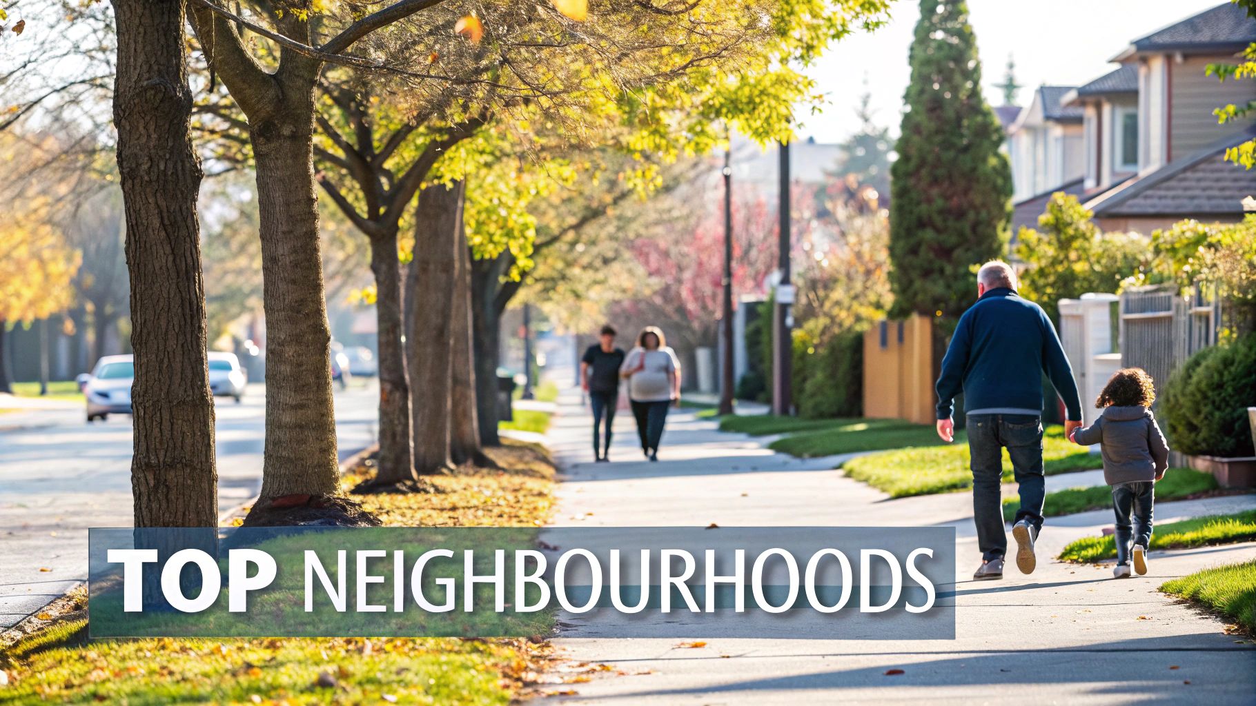 Tree-lined suburban street with families walking on sidewalk in peaceful residential neighborhood