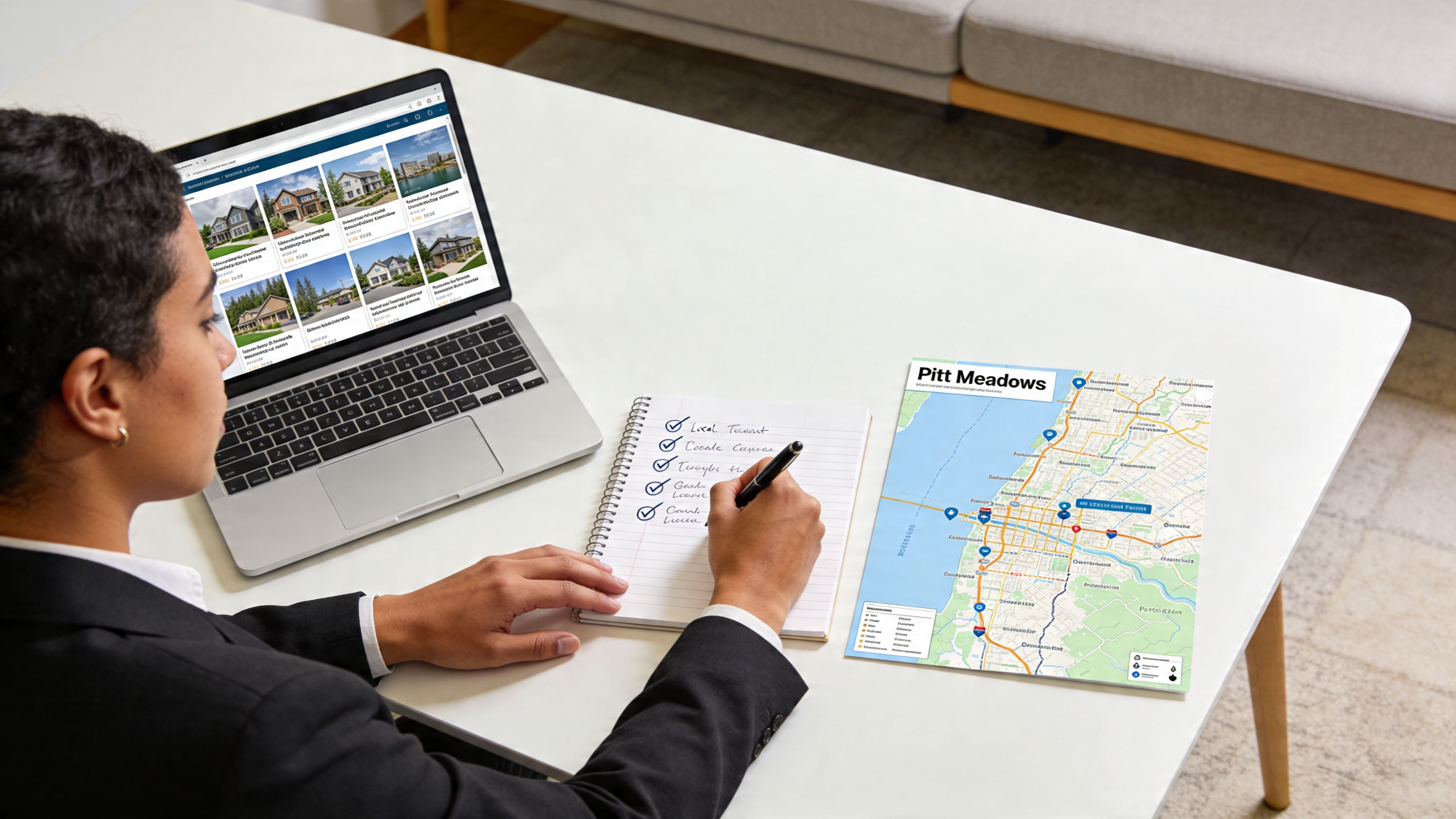 A professional woman in a suit researching Pitt Meadows real estate on a laptop and checking a list.