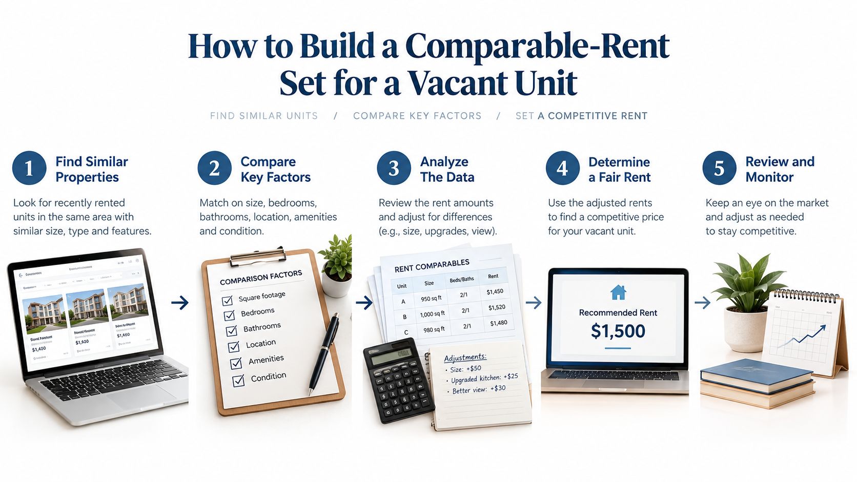 An infographic showing five steps to determine a competitive rental price for a vacant property.