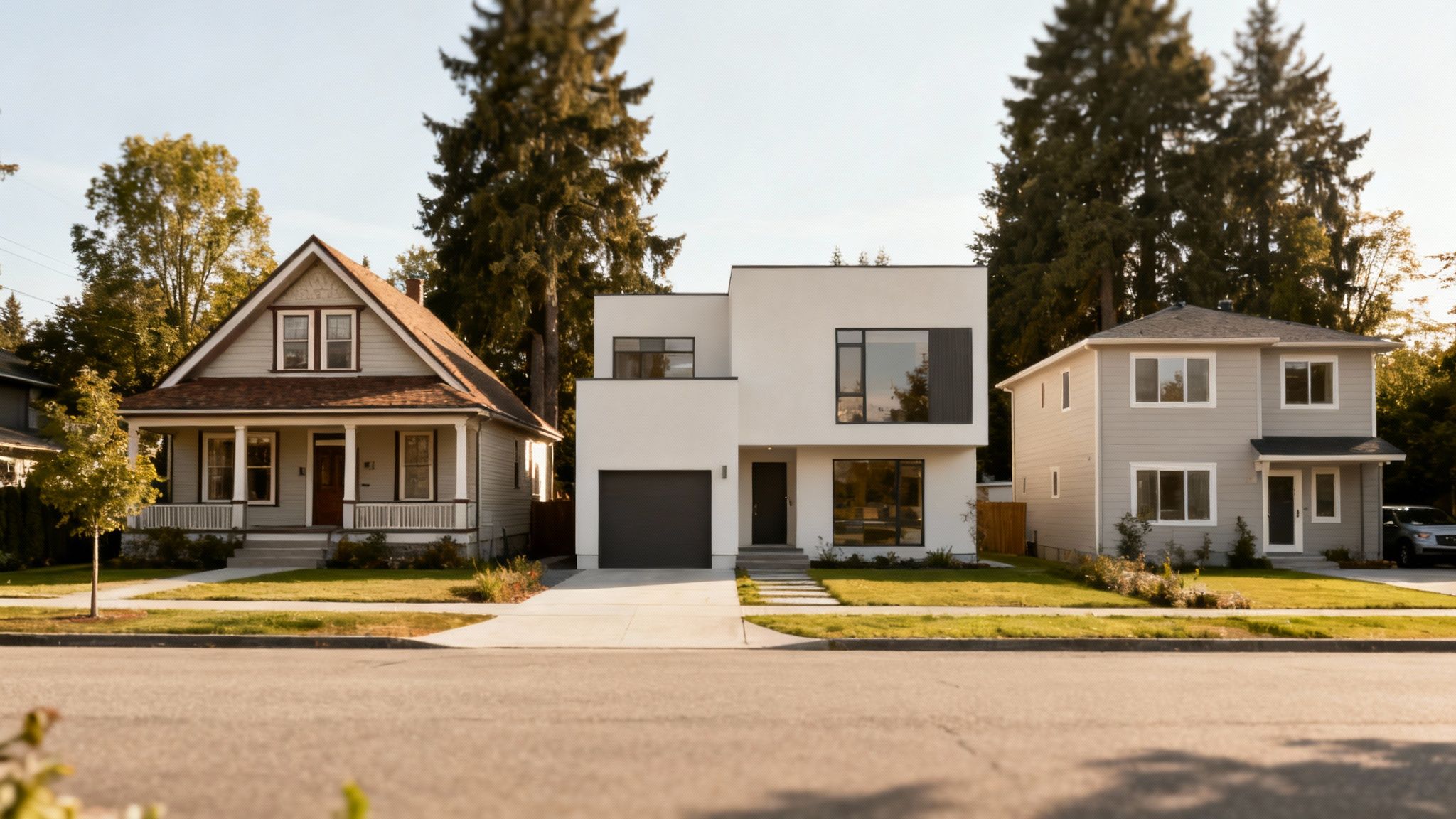 Three houses with different architectural styles: traditional, modern, and contemporary, on a residential street.