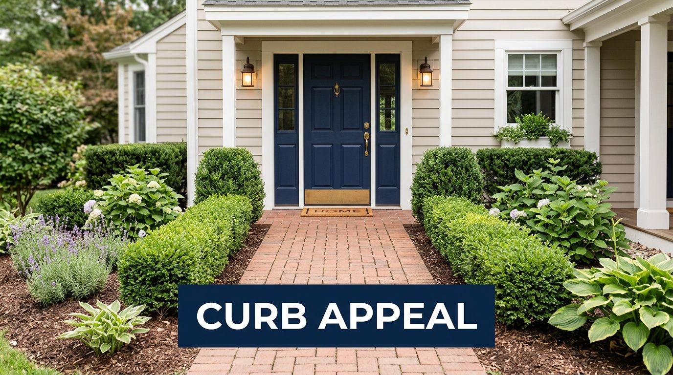 A charming house entrance with a classic blue front door, brick walkway, and well-manicured landscaping.