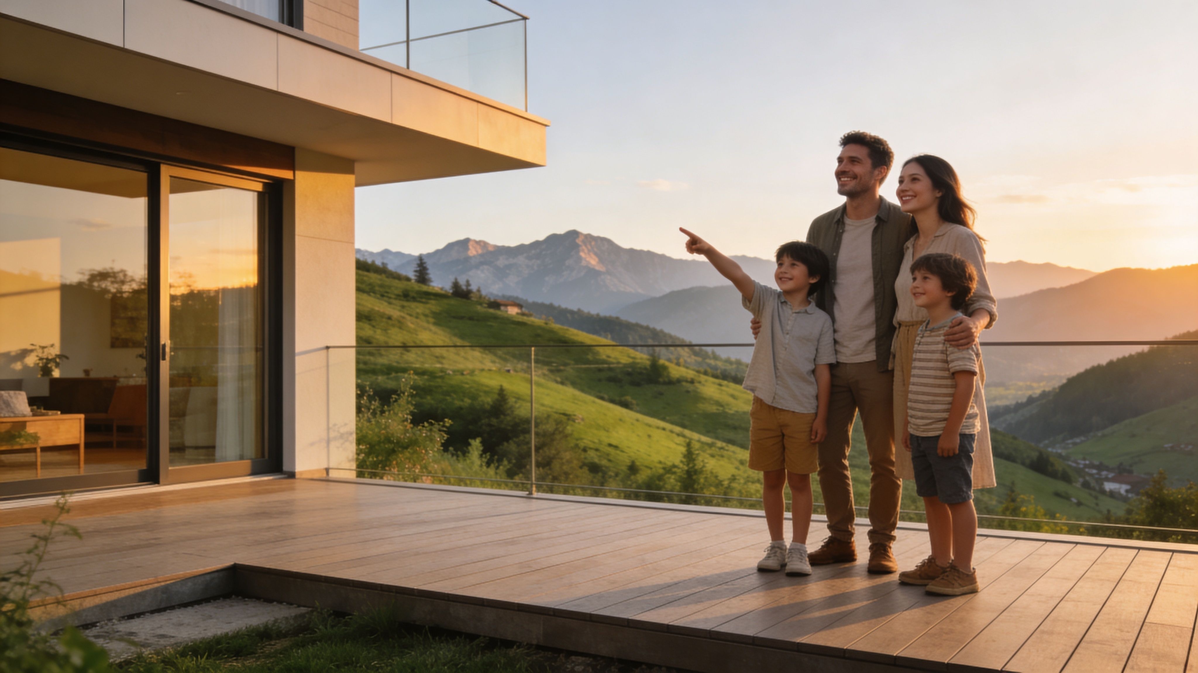 A happy young family stands on a modern terrace enjoying a scenic view of mountain landscapes.