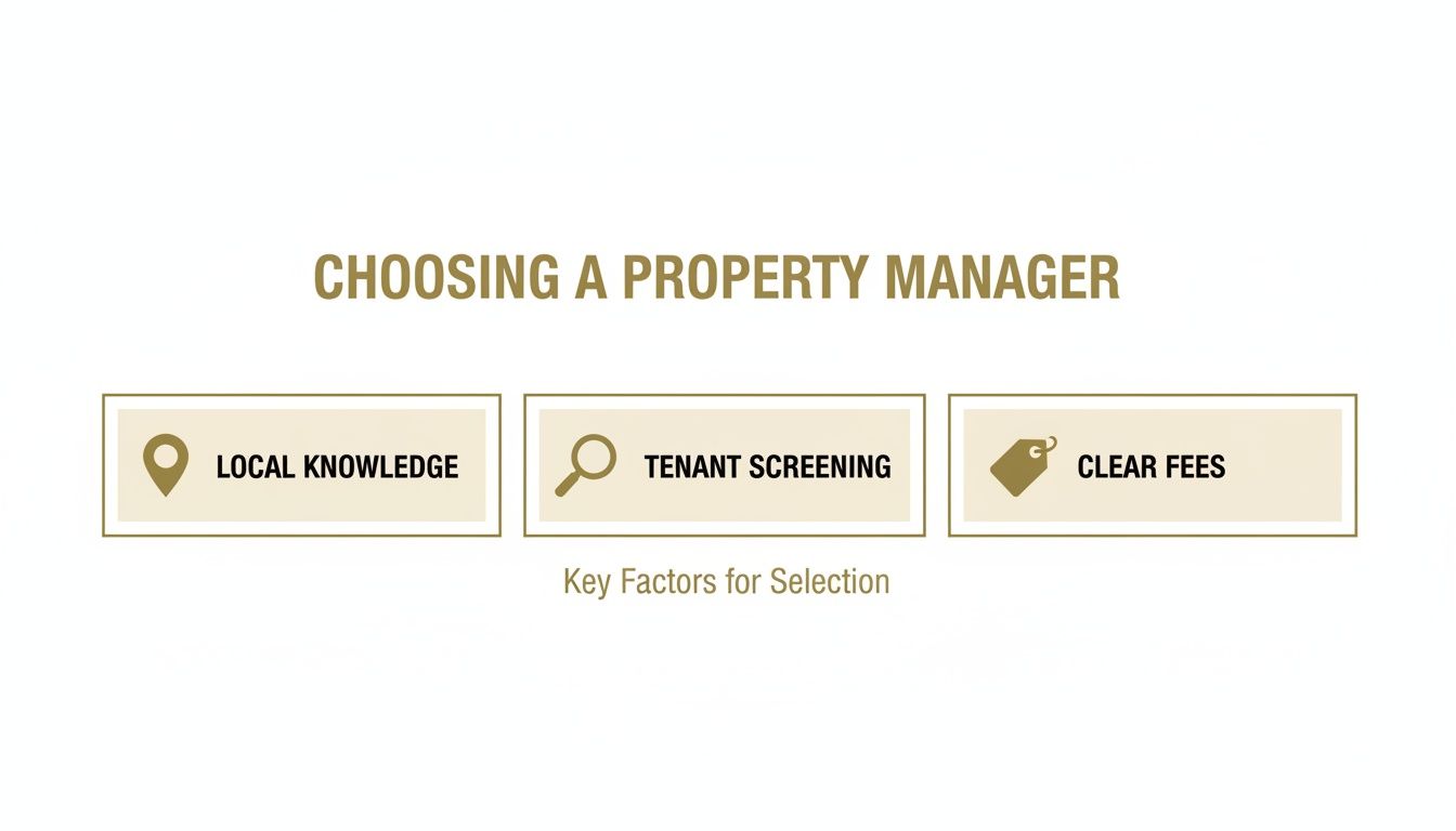Infographic displaying three key factors for choosing a property manager: local knowledge, tenant screening, and clear fees.