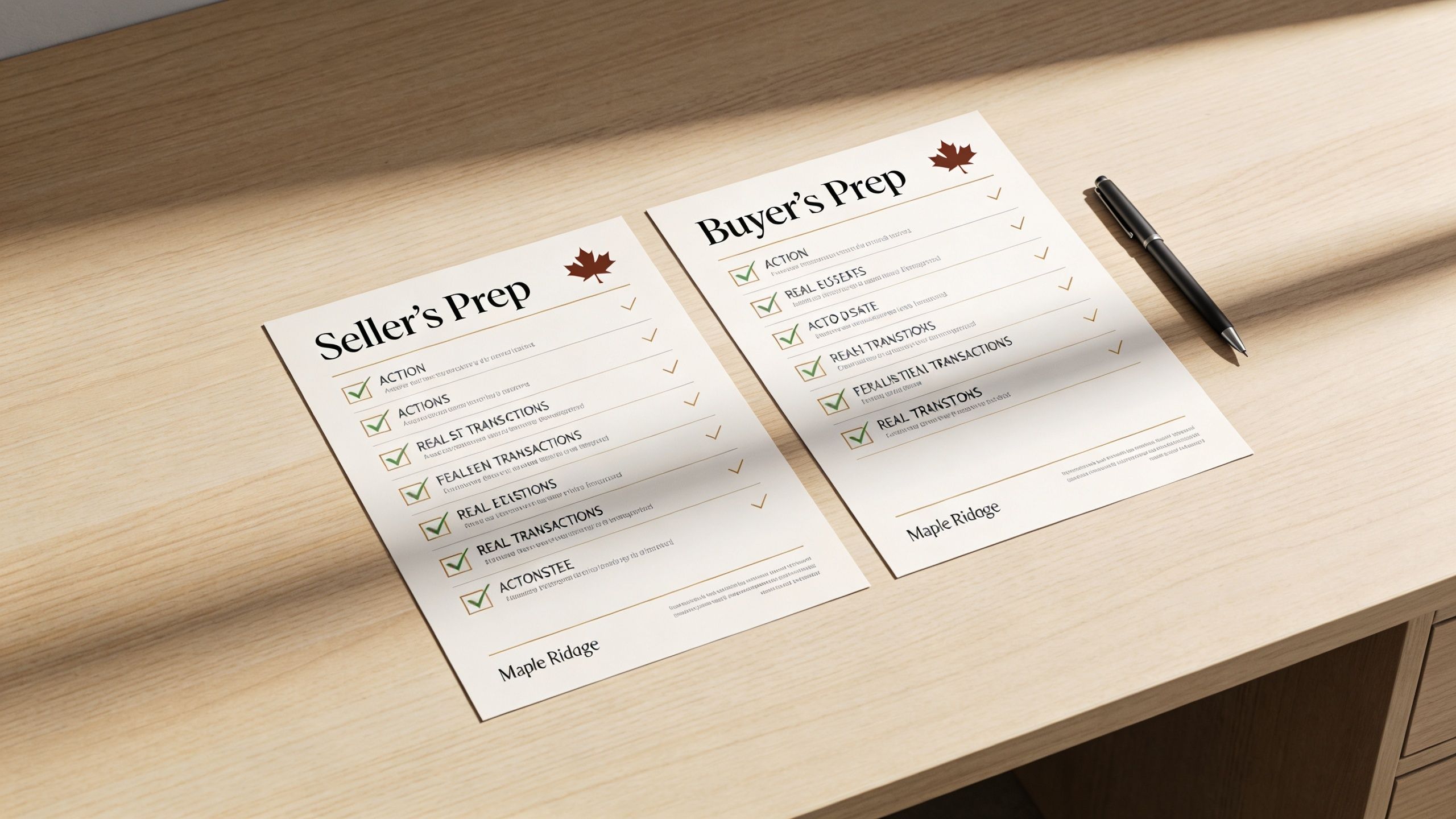 Two checklists titled Seller's Prep and Buyer's Prep lying on a wooden desk with a black pen.