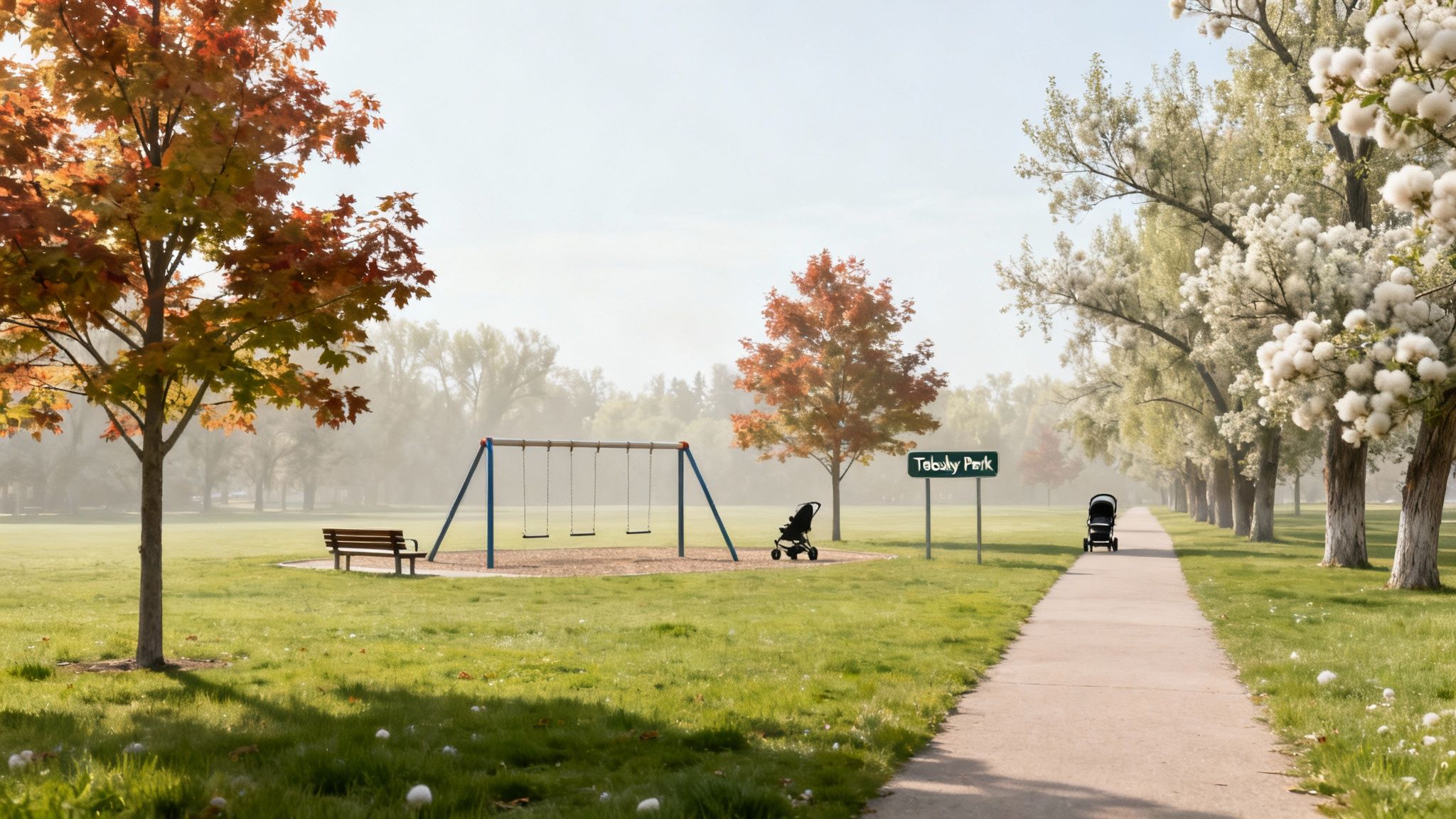 A serene park scene featuring swings, a bench, colorful autumn trees, and fluffy cottonwood trees beside a paved path.