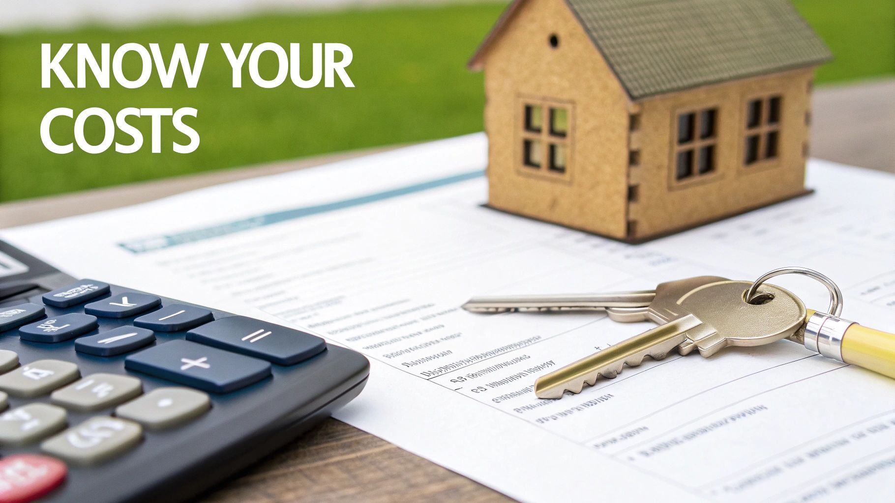 Calculator, house keys, miniature home model and documents illustrating real estate costs and budgeting