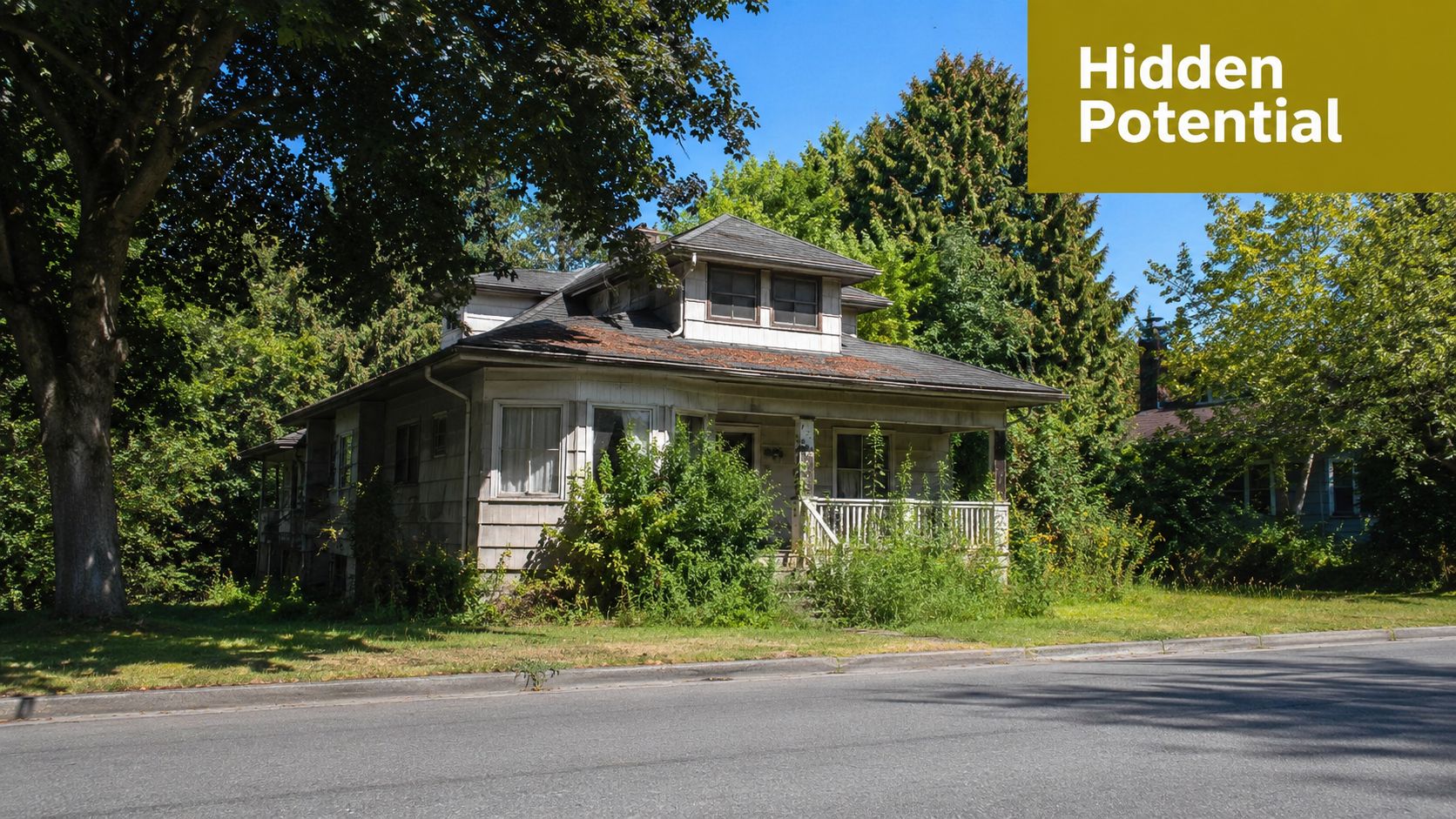 A weathered, overgrown abandoned house situated on a quiet residential street with lush surrounding trees.