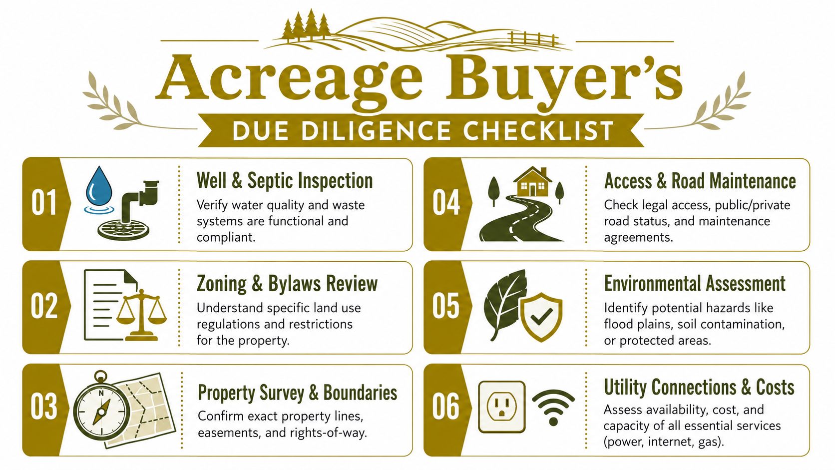An infographic checklist for land buyers detailing six critical steps for conducting due diligence on acreage properties.