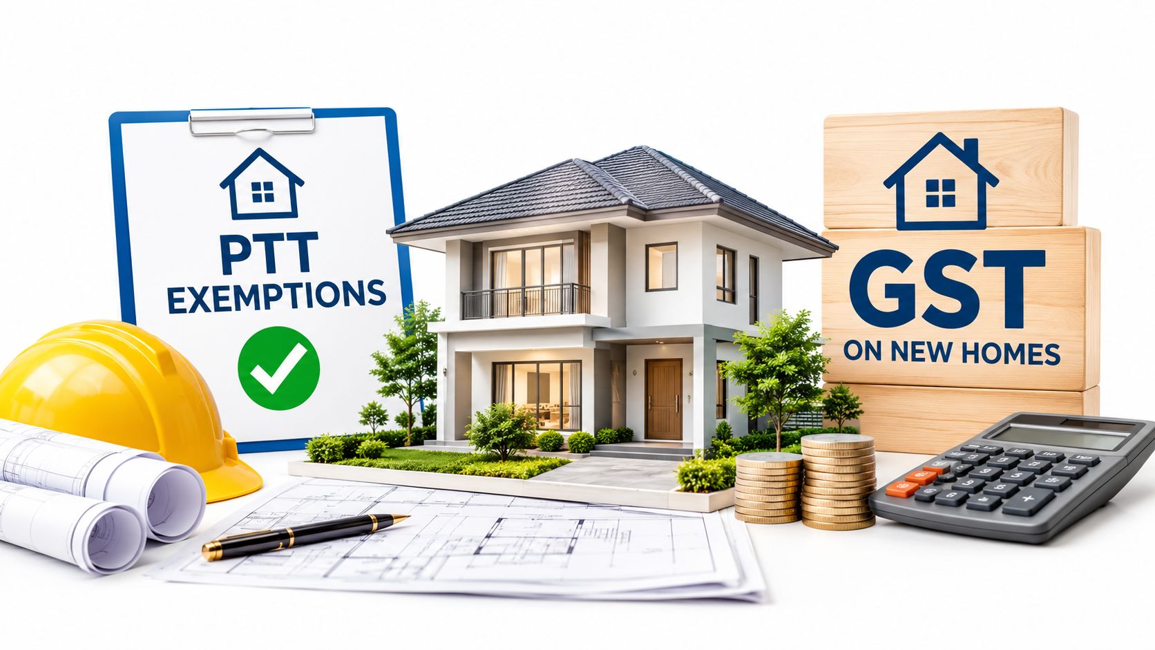 A conceptual model of a house surrounded by blueprints, coins, and a calculator, representing property taxes.