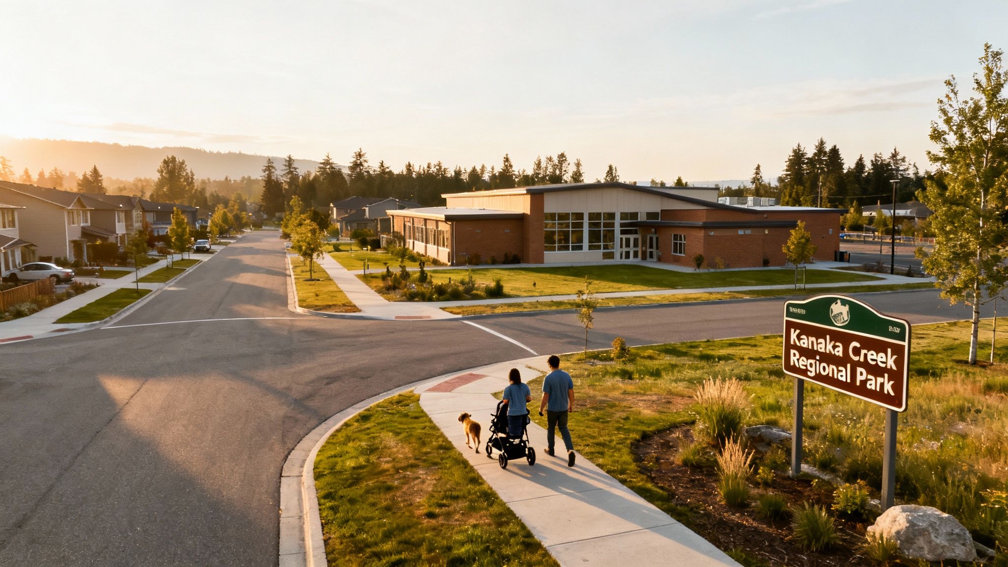 A family walks a dog and pushes a stroller on a sidewalk in a sunny suburban neighborhood near a regional park.