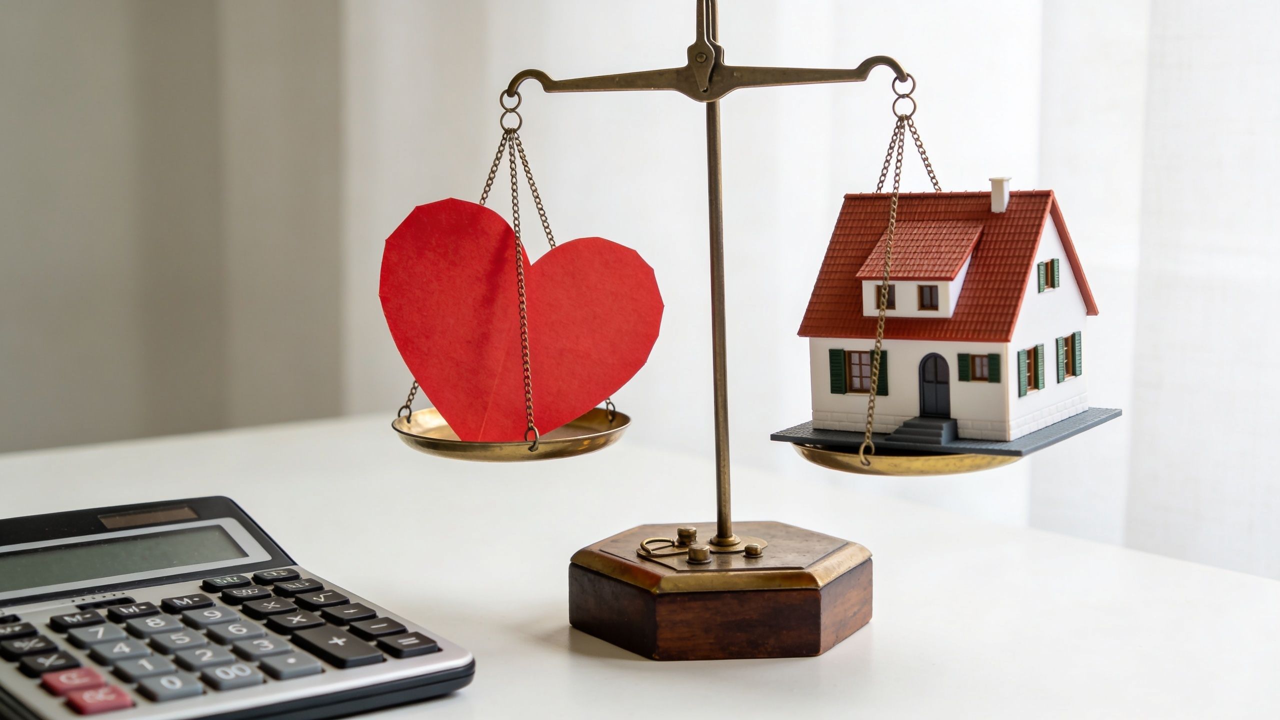 A scale balancing a red paper heart and a model house on a desk with a calculator.