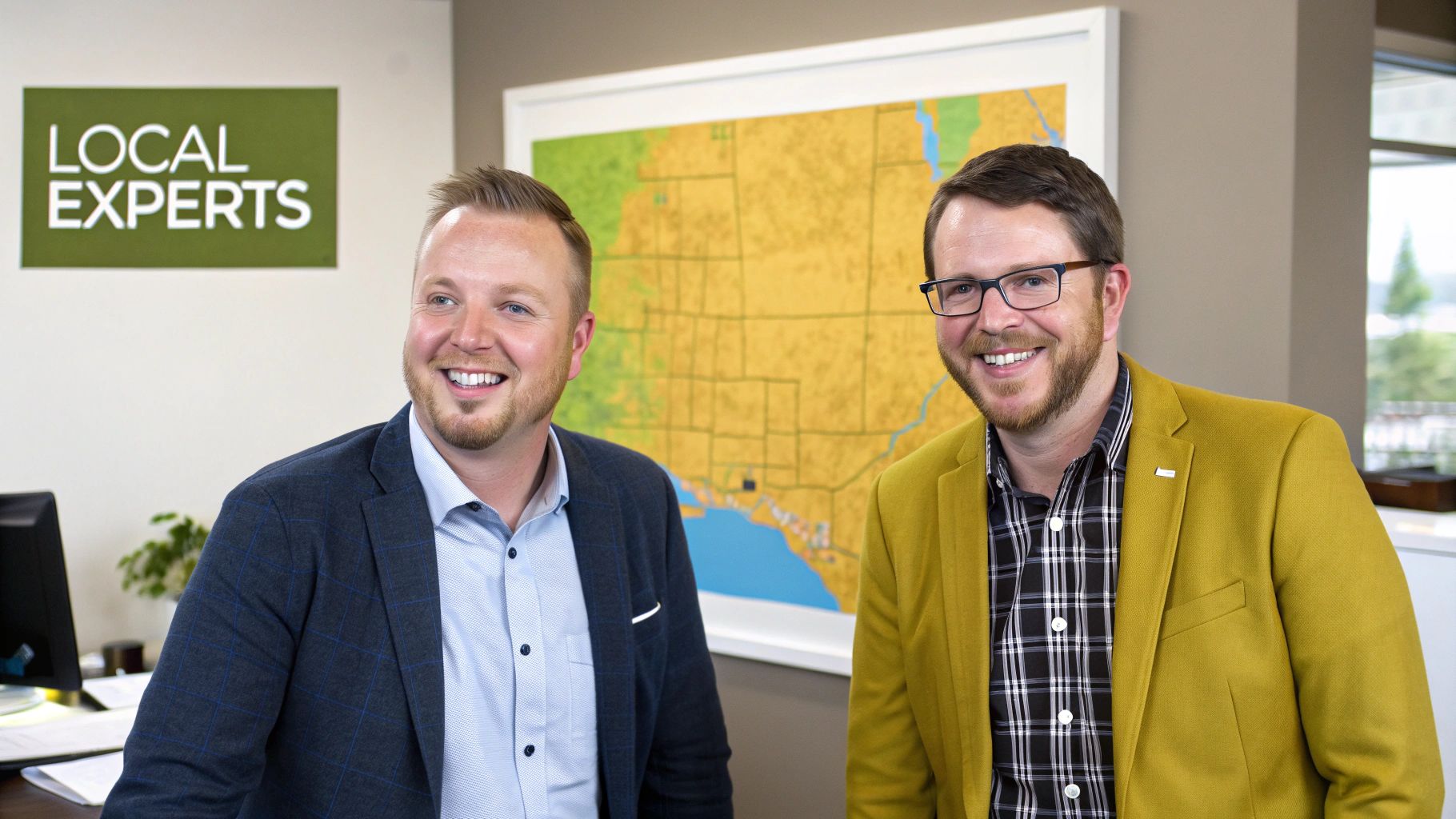 Two smiling male property managers in an office with a 'LOCAL EXPERTS' sign and map.