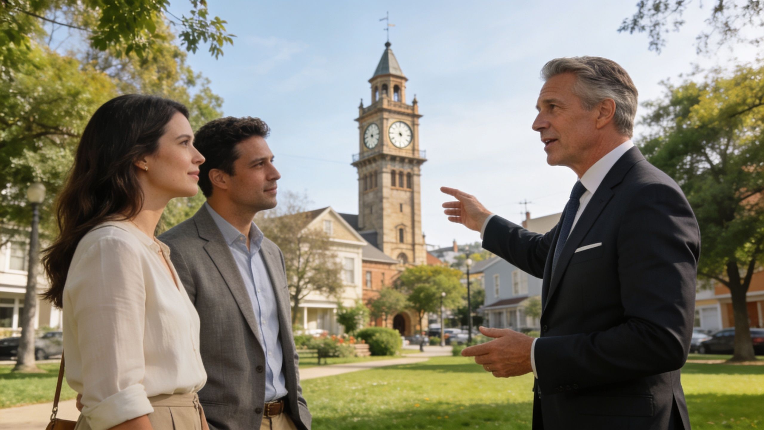 A professional real estate agent pointing out features of a neighborhood to a young couple outdoors.