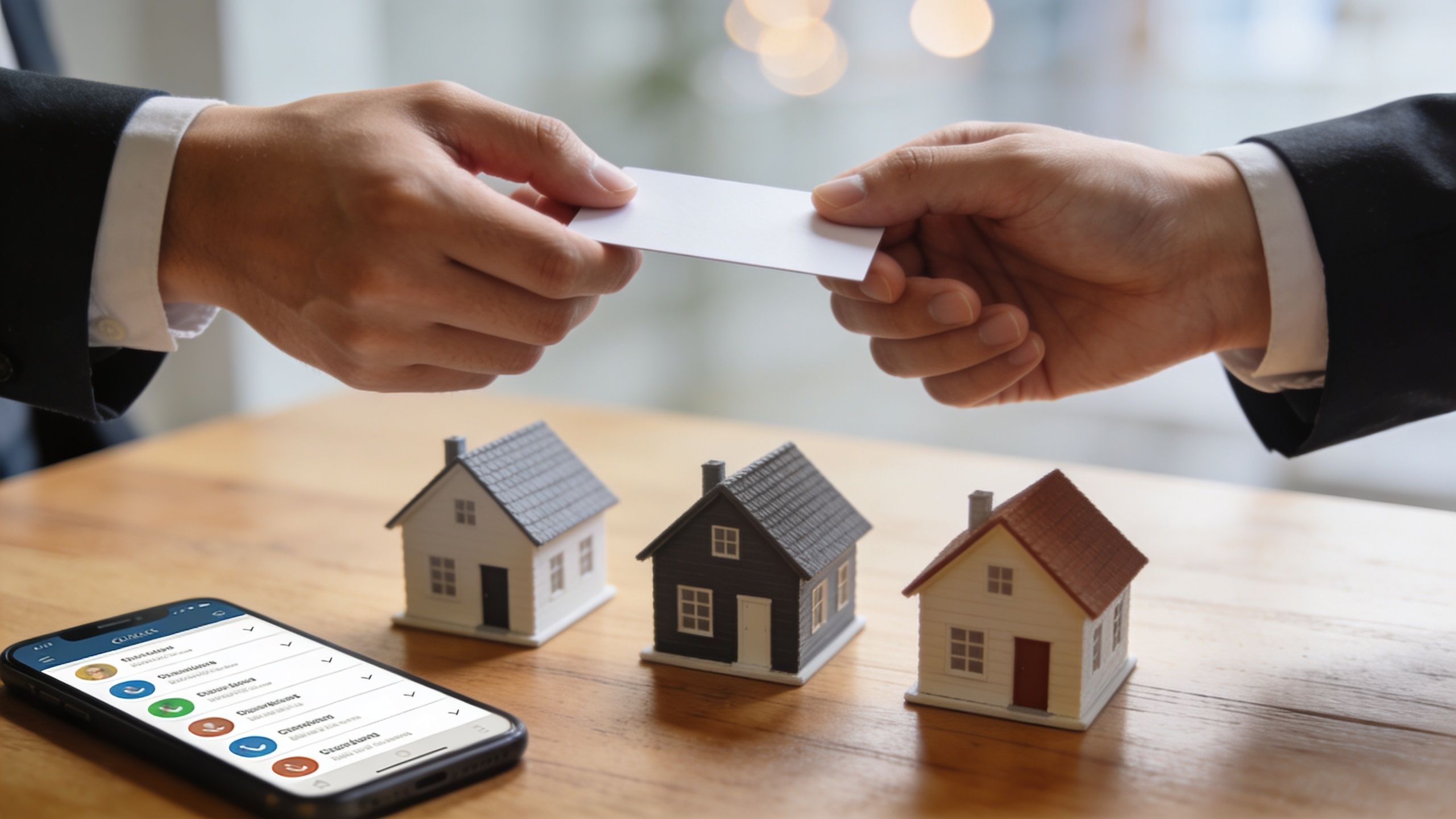 Two business people exchanging a blank card with small house models on a wooden table.