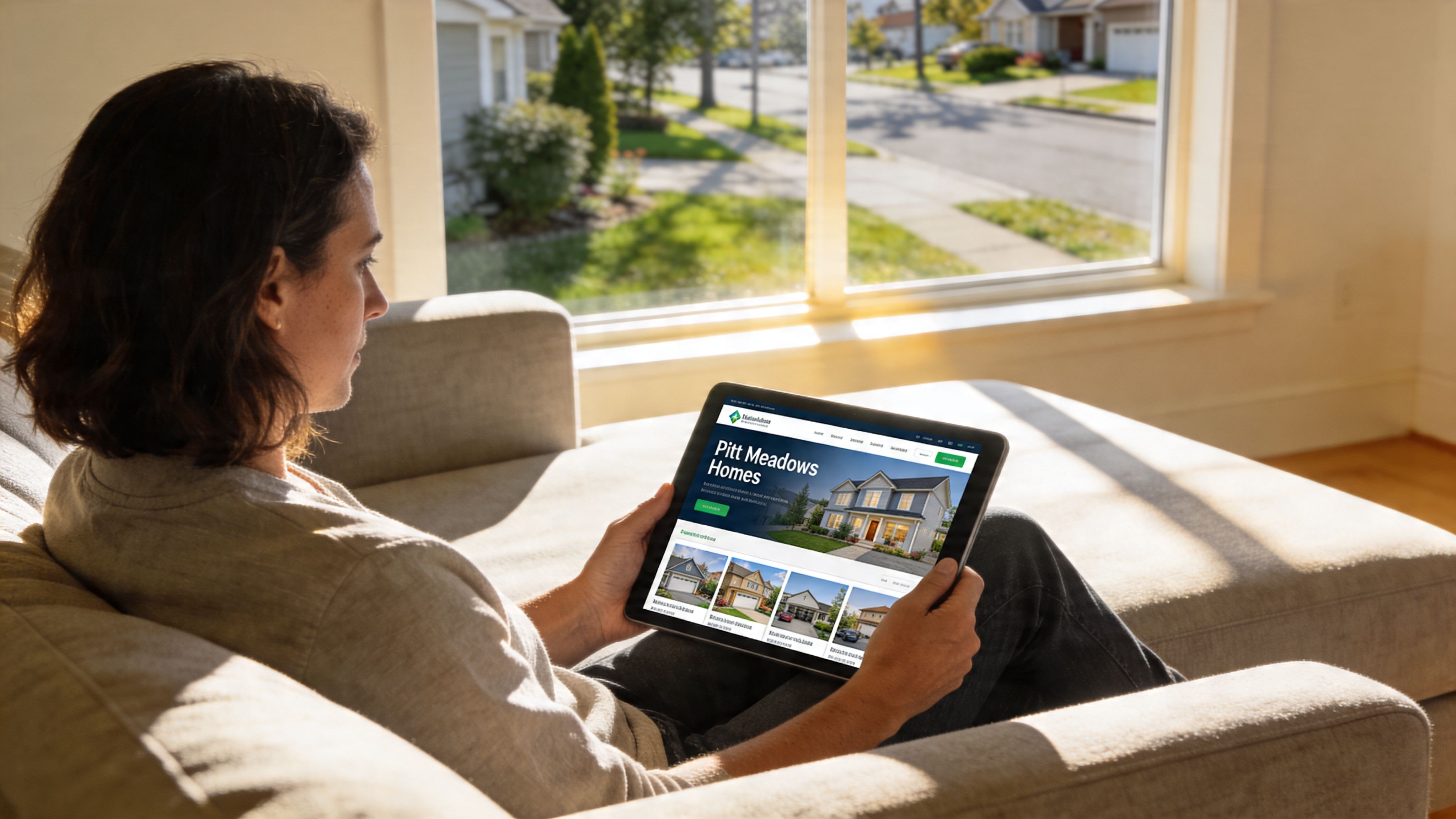 A person sitting on a couch browsing a real estate website for homes in Pitt Meadows on a tablet.