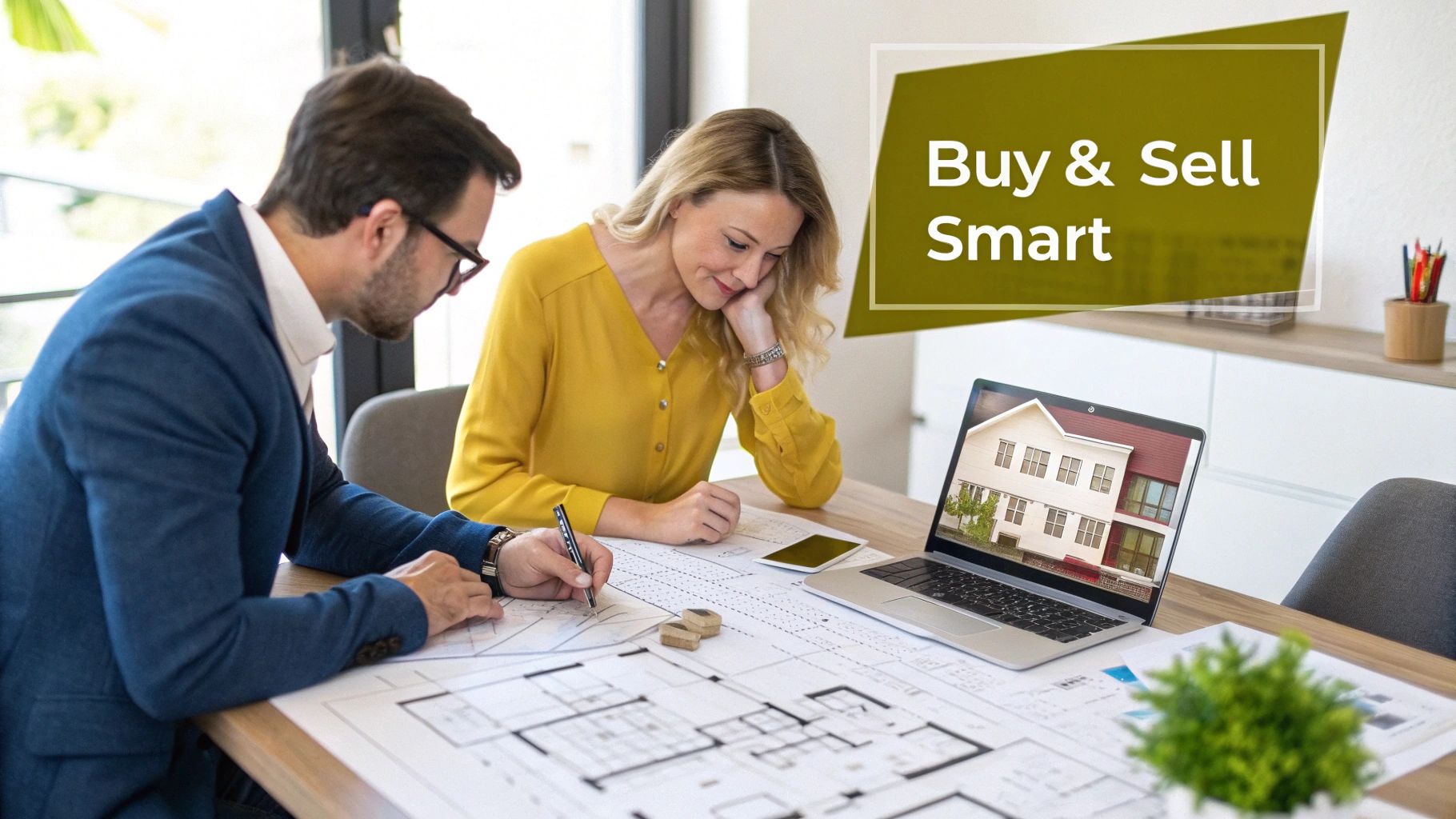 Professionals review house blueprints and a laptop with a home, emphasizing smart real estate decisions.