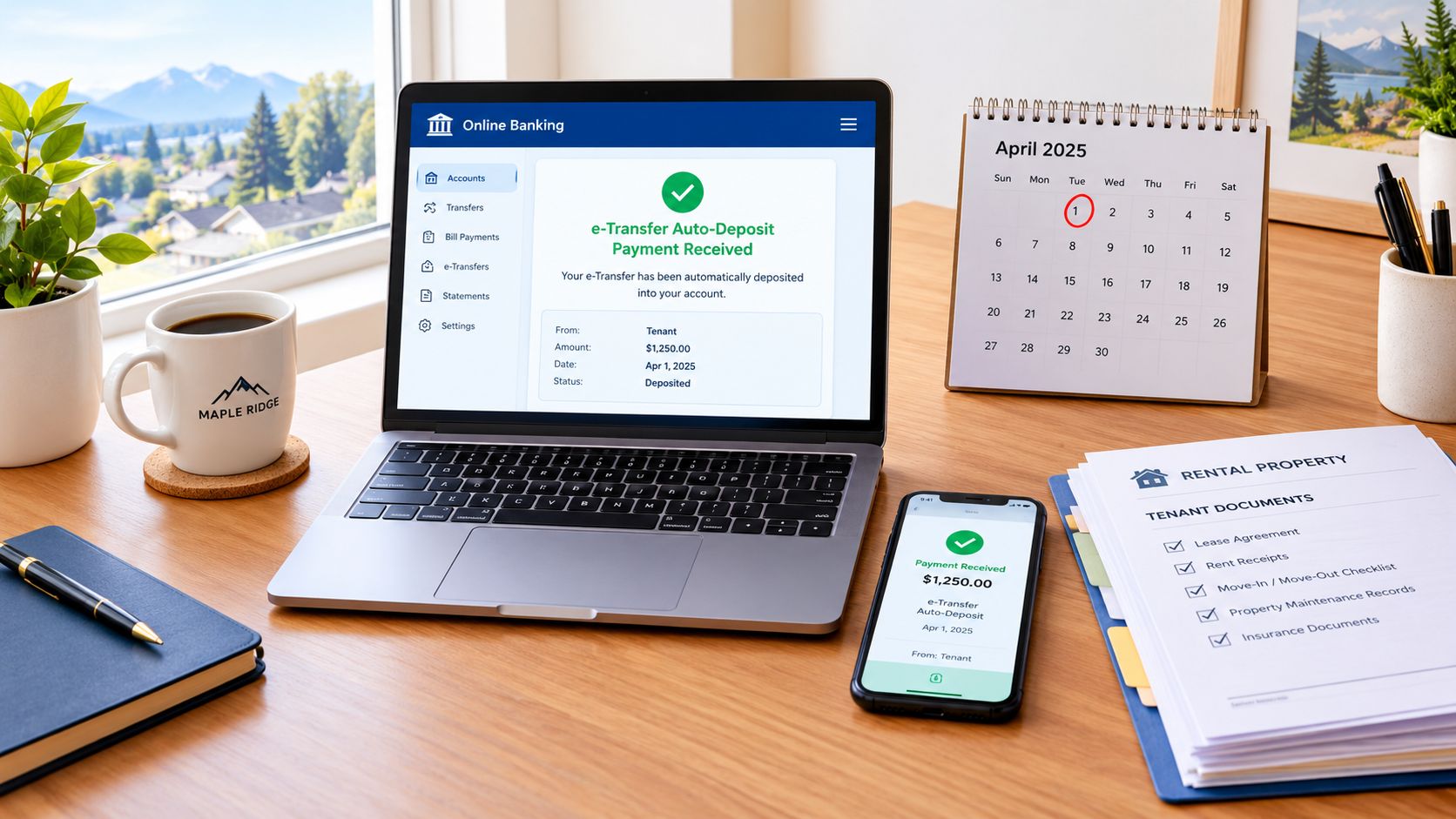 A modern desk with a laptop, smartphone, and calendar showing rent collection via online banking for landlords.