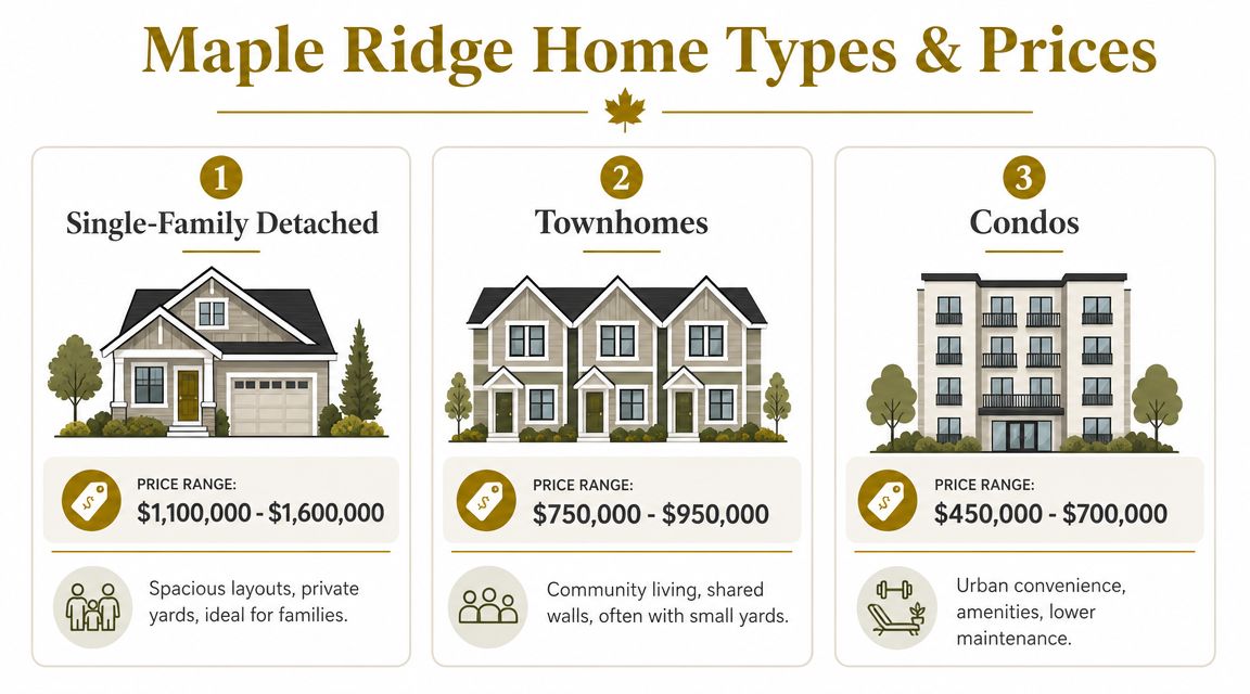 A graphic showing price ranges and features for single-family detached homes, townhomes, and condos in Maple Ridge.