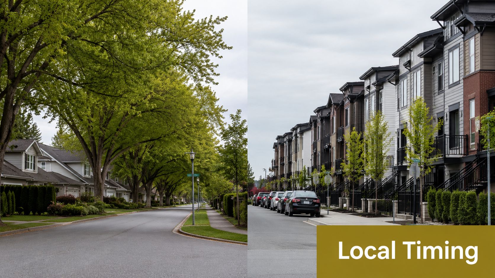A split-screen comparison showing a quiet residential street with mature trees and a modern townhome complex.