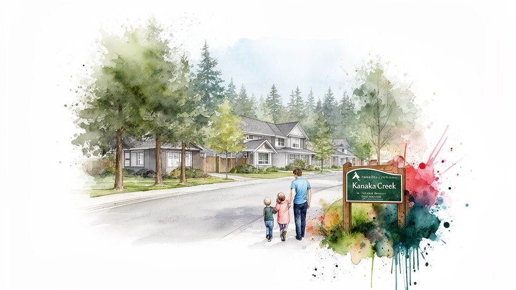 Vibrant watercolor illustration showing a family walking past new homes and lush trees, with a Kanaka Creek sign.