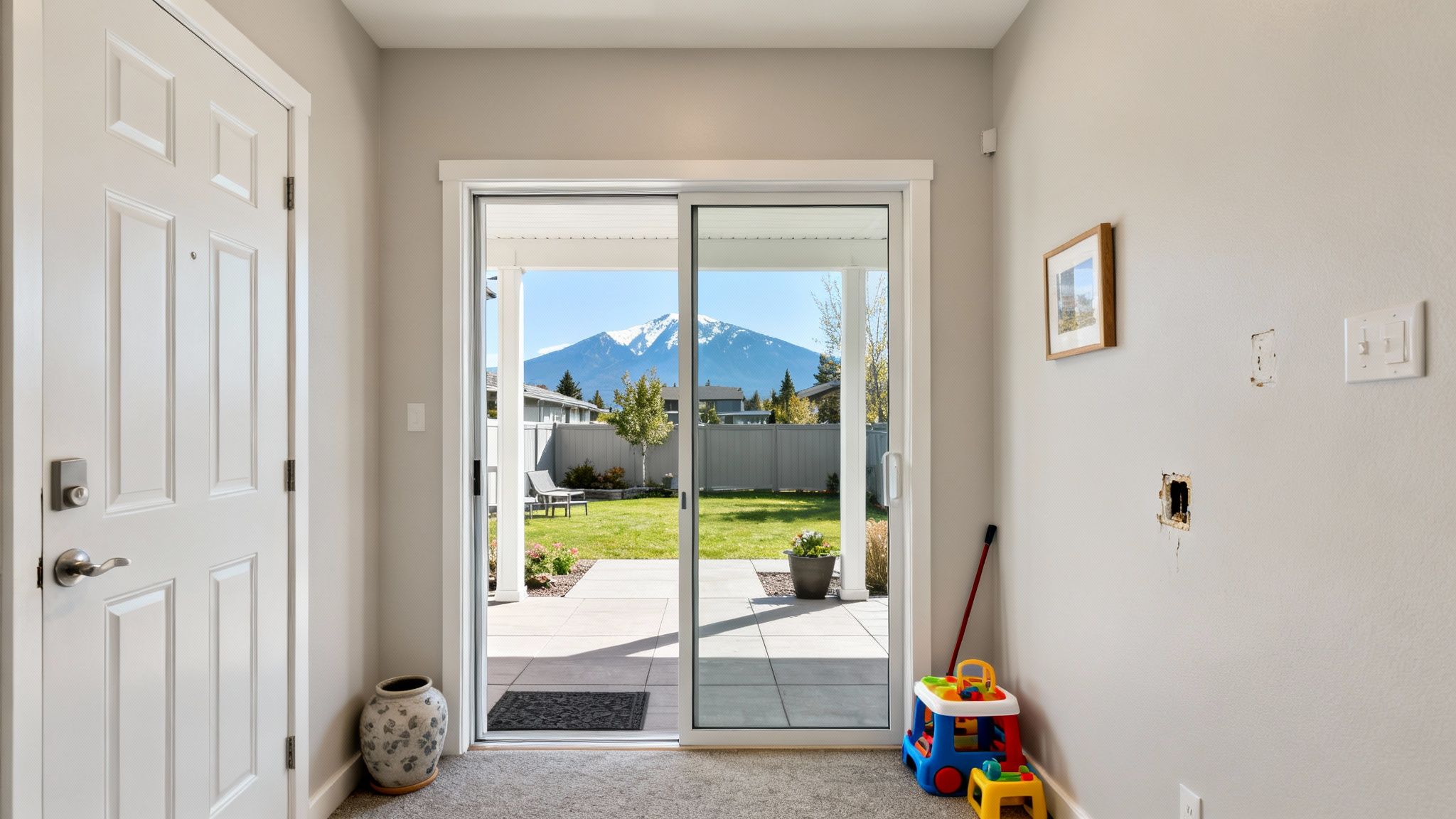 Sliding glass door opening to a vibrant green backyard with a stunning snowy mountain vista.