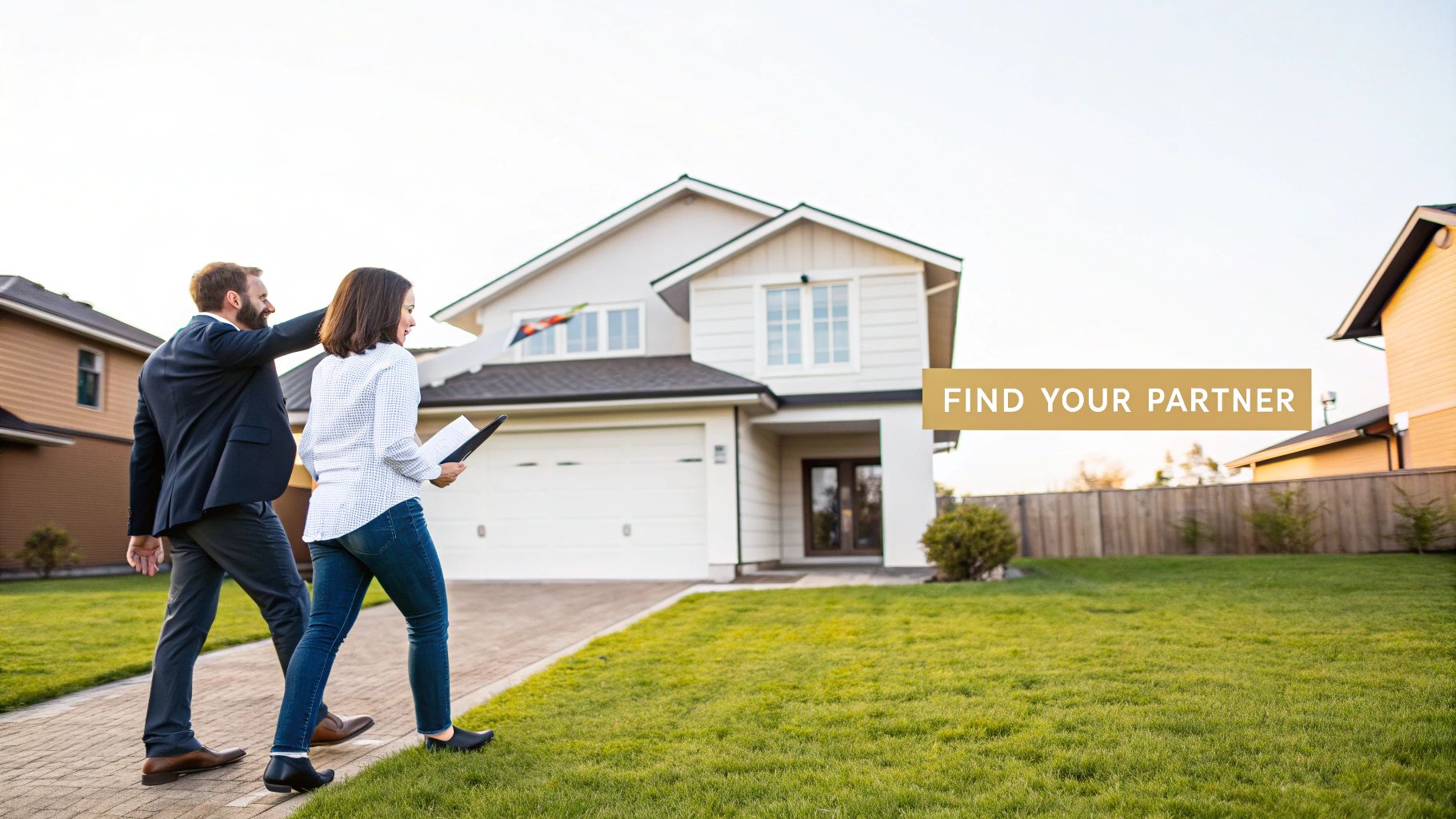 A friendly realtor shaking hands with a client in front of a modern home